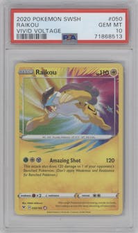 Raikou from the 2020 Pokemon SWSH set graded by PSA and given an overall grade of 10.