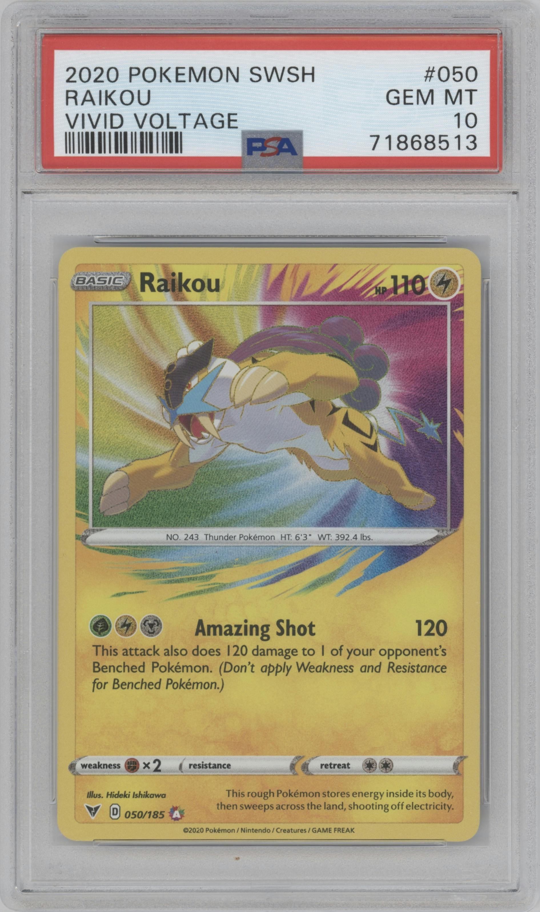 Raikou from the 2020 Pokemon SWSH set graded by PSA and given an overall grade of 10.
