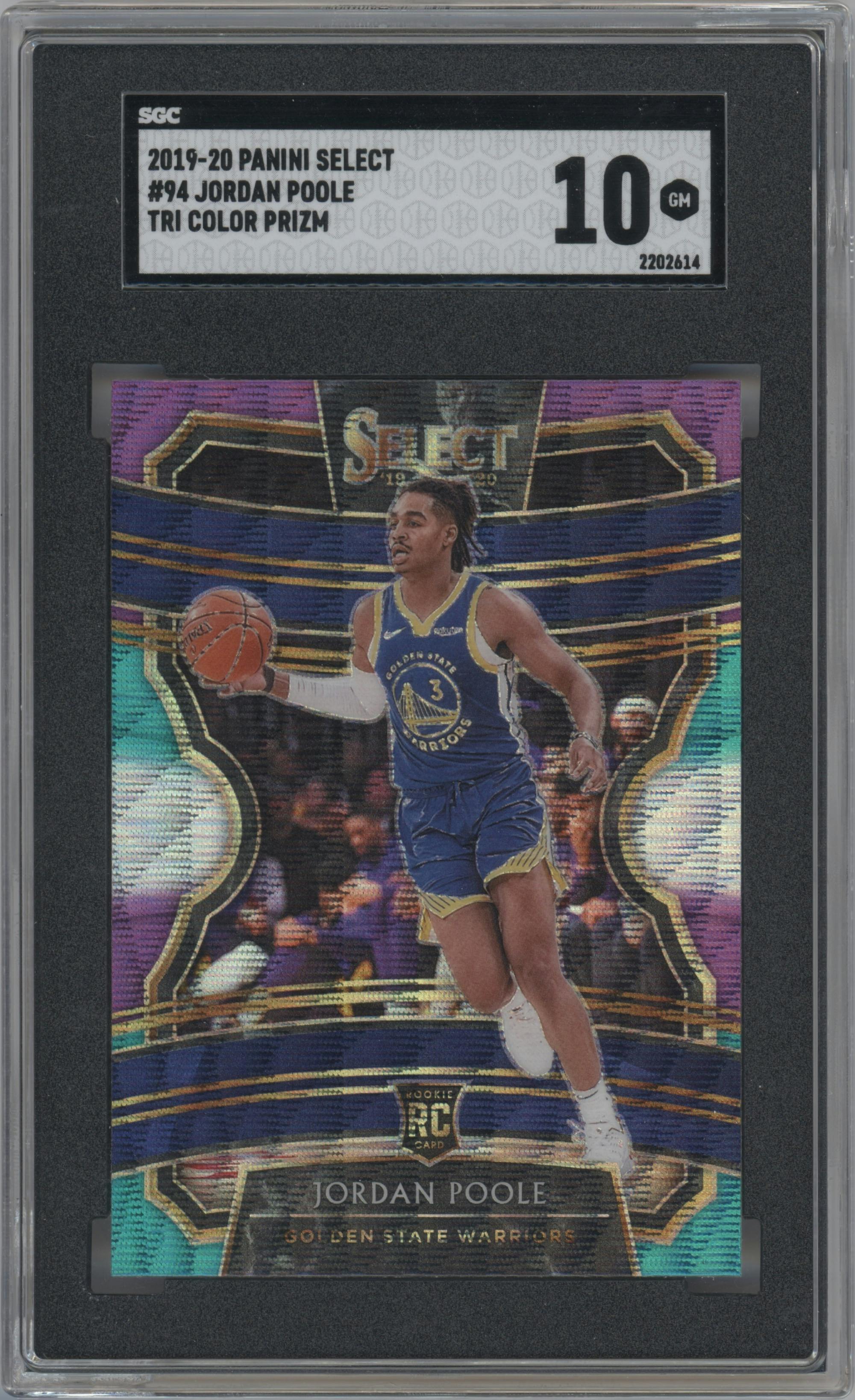 Jordan Poole from the 2019-20 Panini Select set featuring a Tri-Color parallel graded by SGC and given an overall grade of 10.