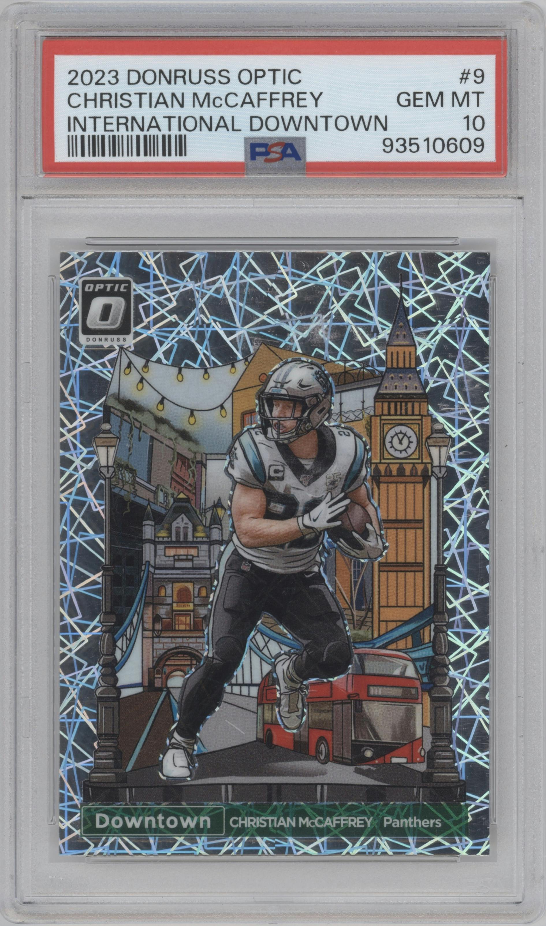 Christian McCaffrey from the 2023 Donruss Optic set graded by PSA and given an overall grade of 10.