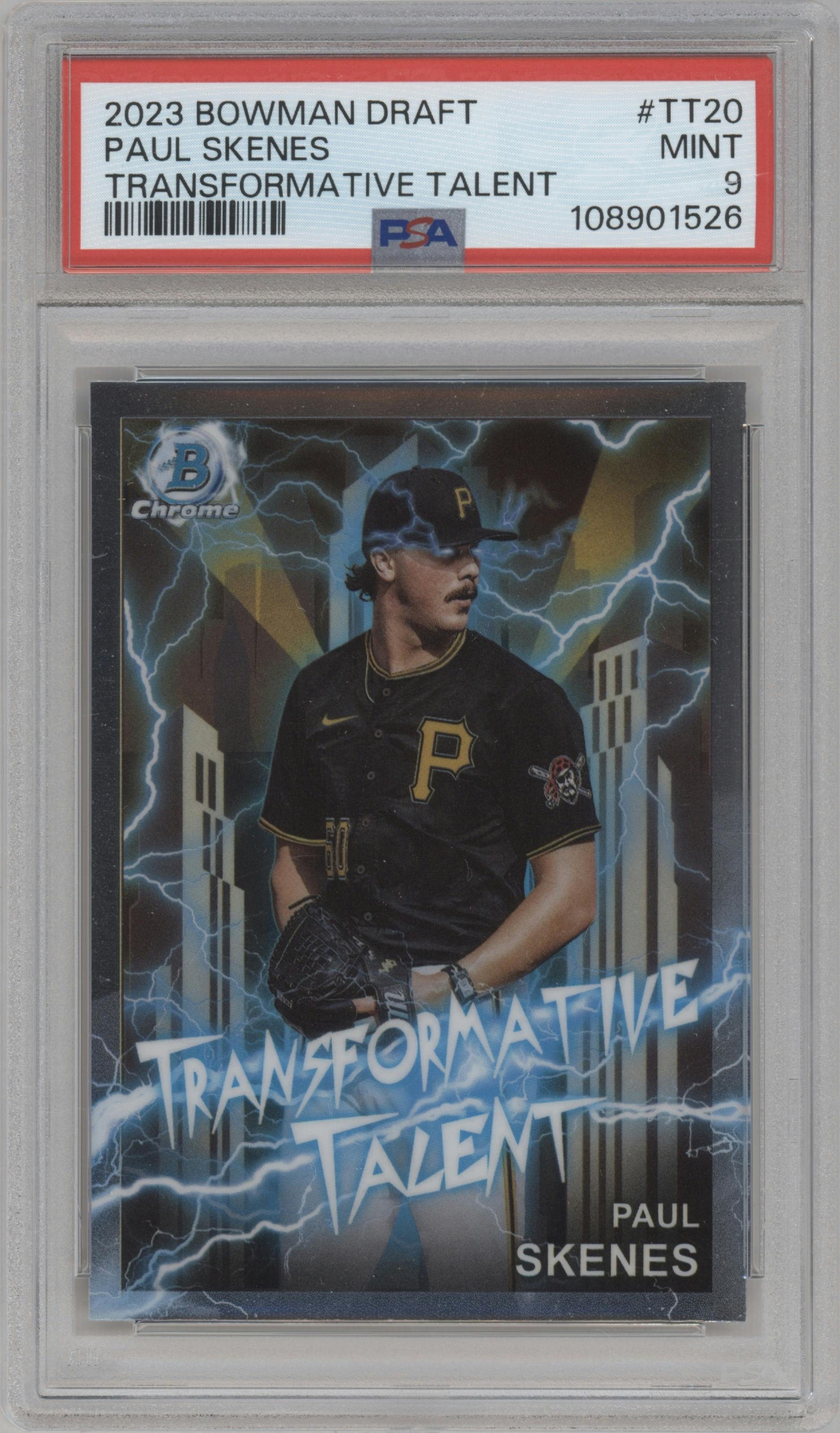 Paul Skenes from the 2023 Bowman Draft set graded by PSA and given an overall grade of 9.