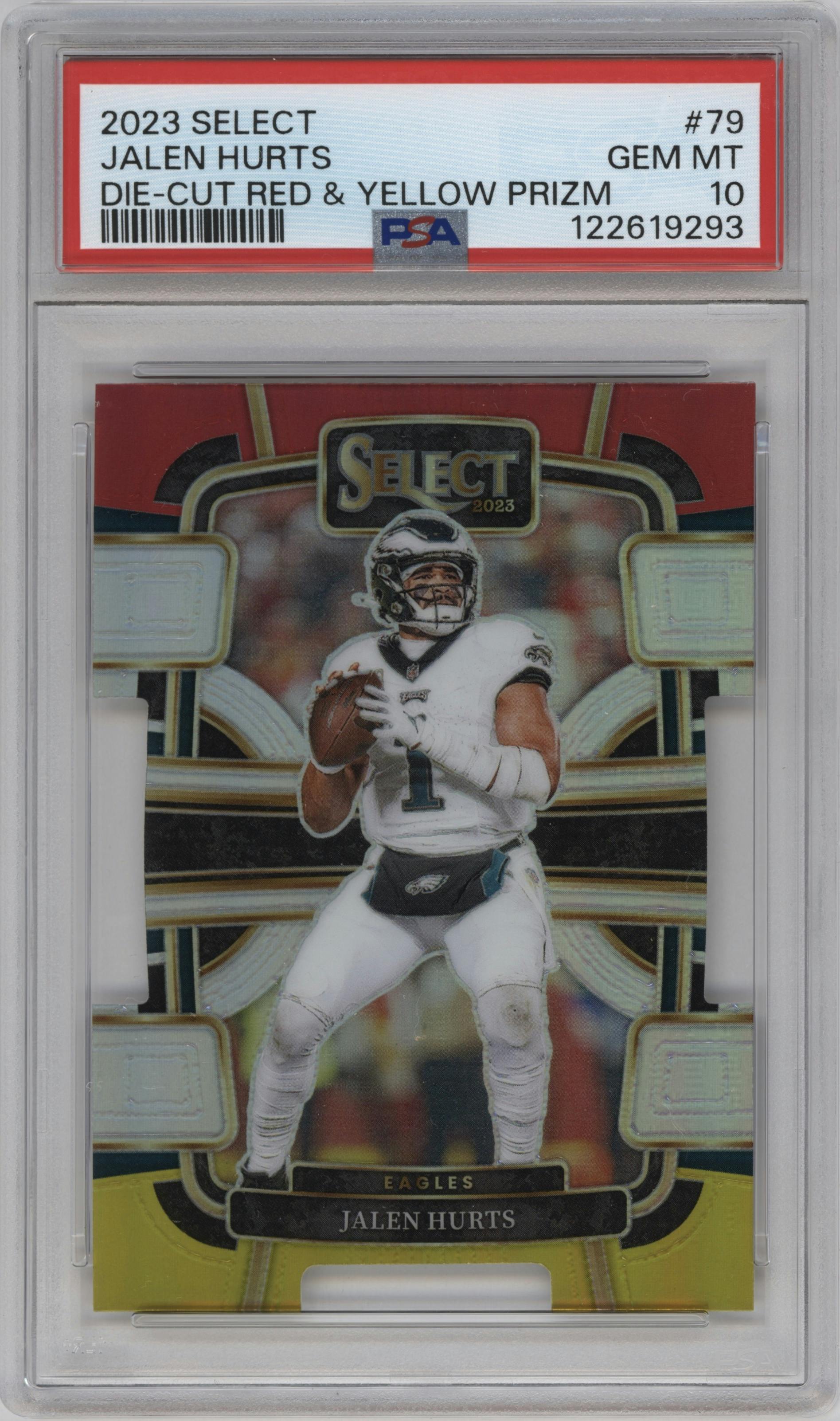 Jalen Hurts from the 2023 Panini Select set featuring a Die-Cut Red & Yellow parallel graded by PSA and given an overall grade of 10.