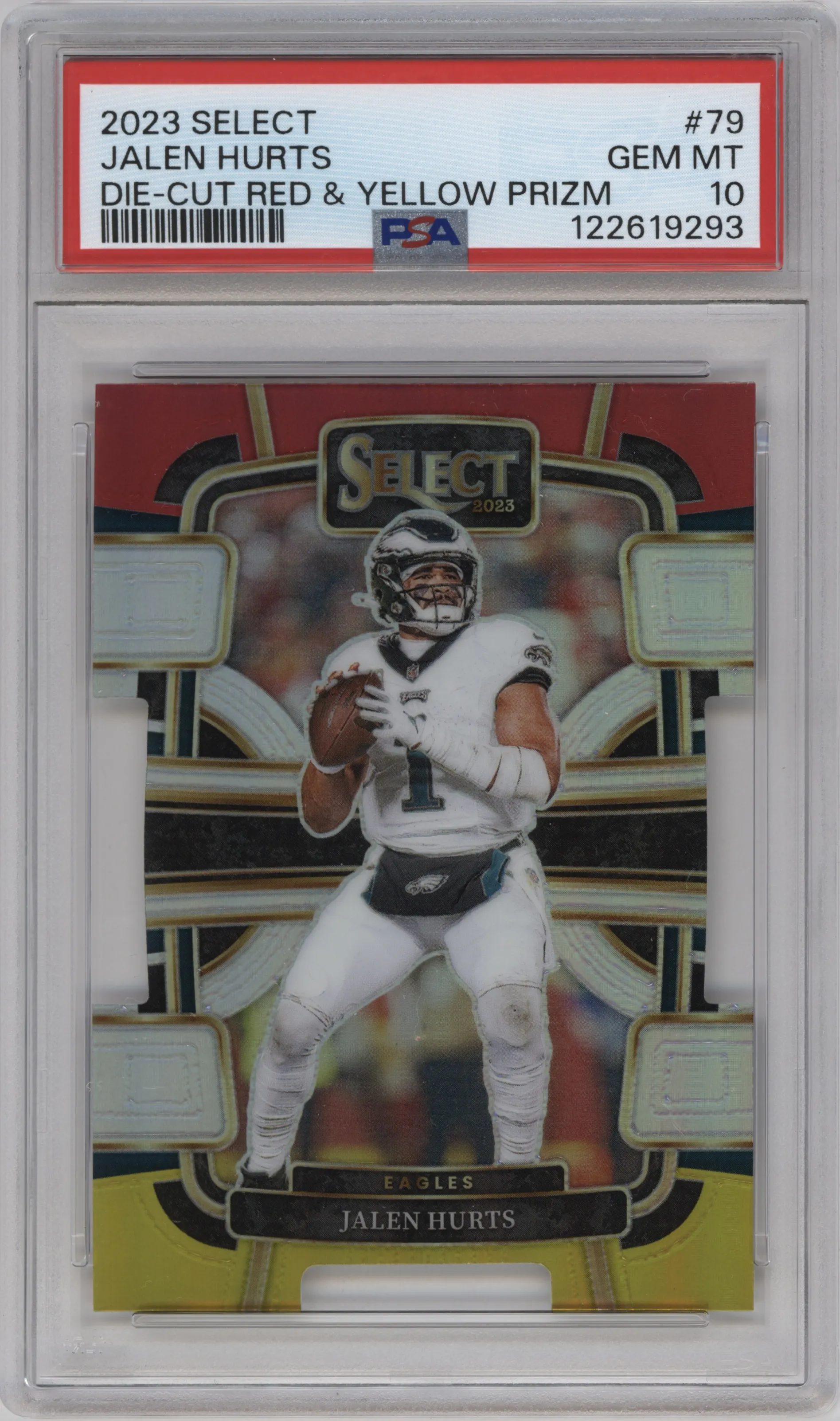 2023 Panini Select Jalen Hurts Die-Cut Red & Yellow PSA 10