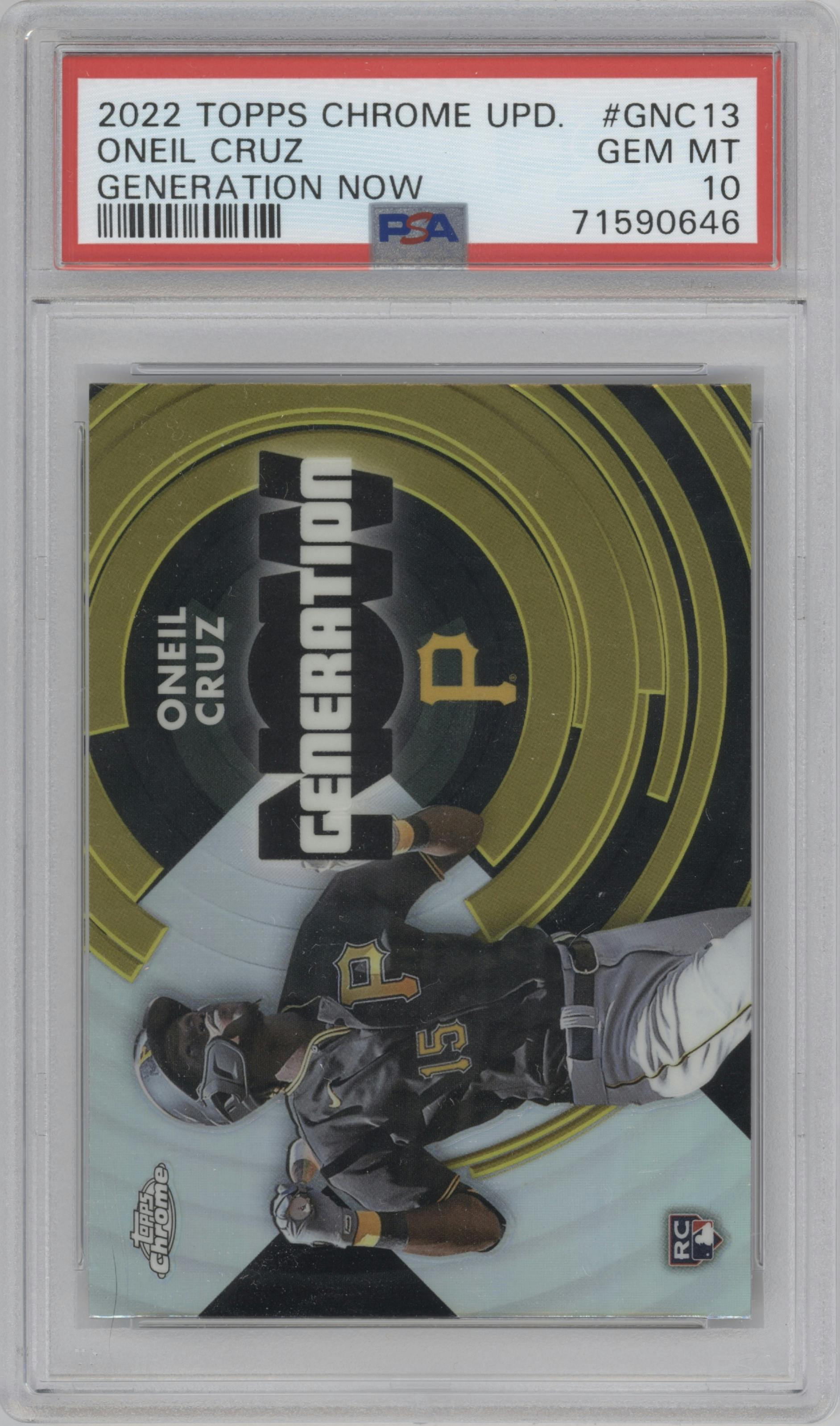 Oneil Cruz from the 2022 Topps Chrome Update set graded by PSA and given an overall grade of 10.