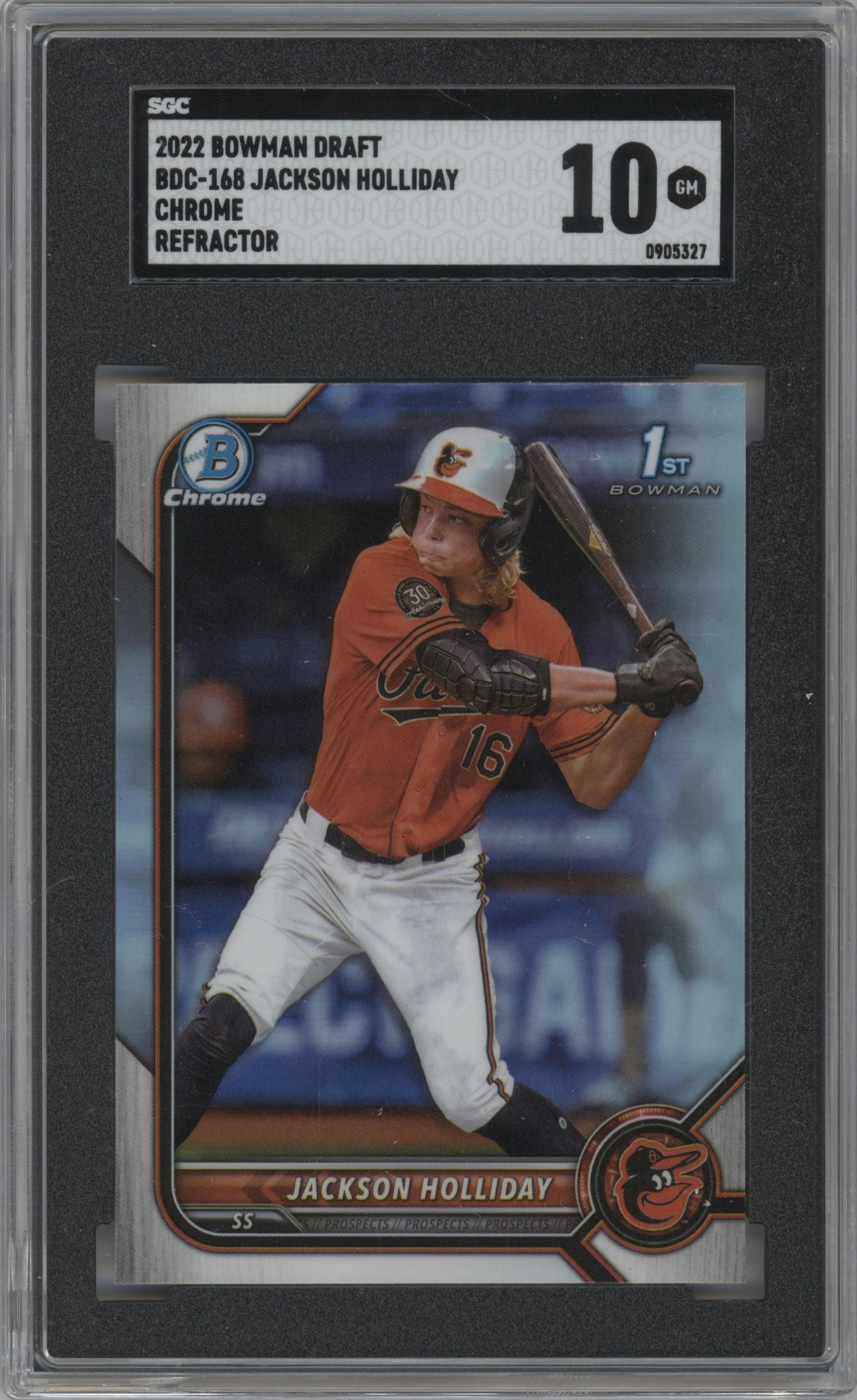 Jackson Holliday from the 2022 Bowman Draft set featuring a Refractor parallel graded by SGC and given an overall grade of 10.