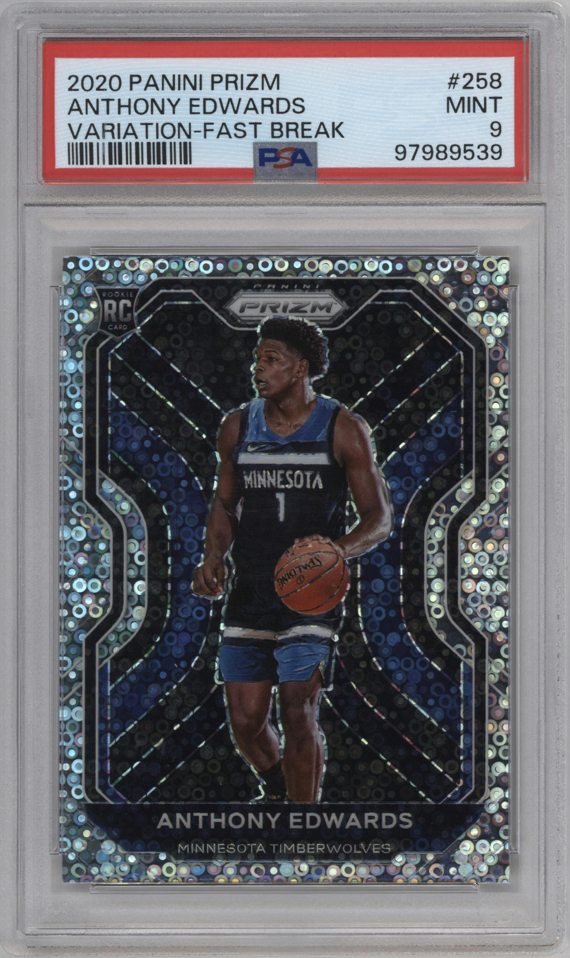 Anthony Edwards from the 2020-21 Panini Prizm set featuring a Fast Break parallel graded by PSA and given an overall grade of 9.