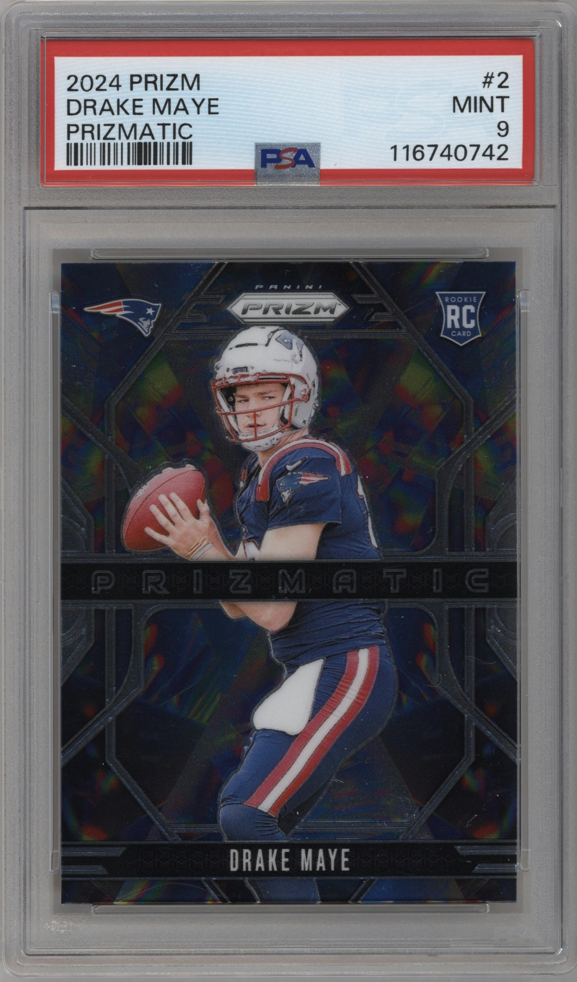 Drake Maye from the 2024 Panini Prizm set graded by PSA and given an overall grade of 9.