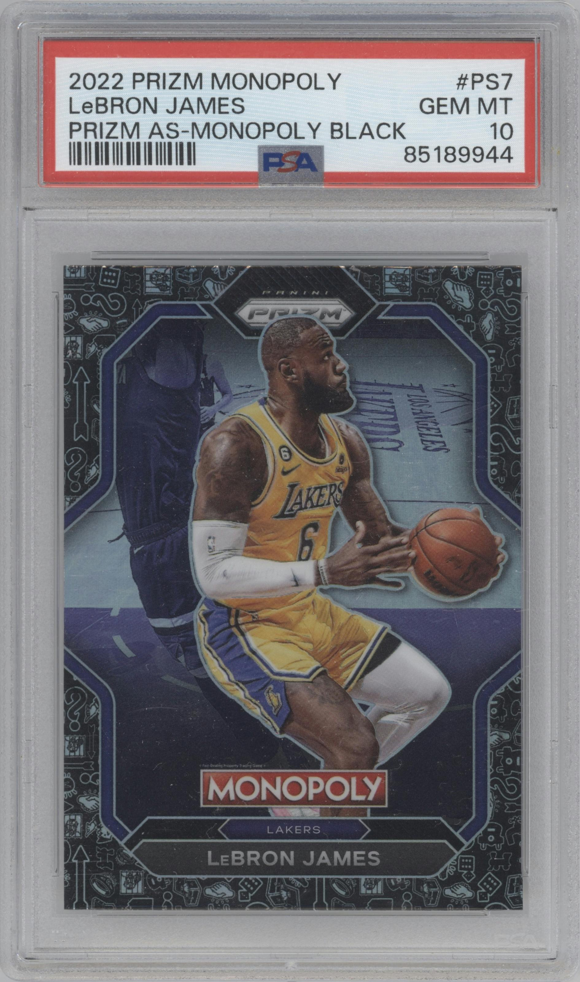 LeBron James from the 2022-23 Panini Prizm Monopoly set featuring a Monopoly Black parallel graded by PSA and given an overall grade of 10.