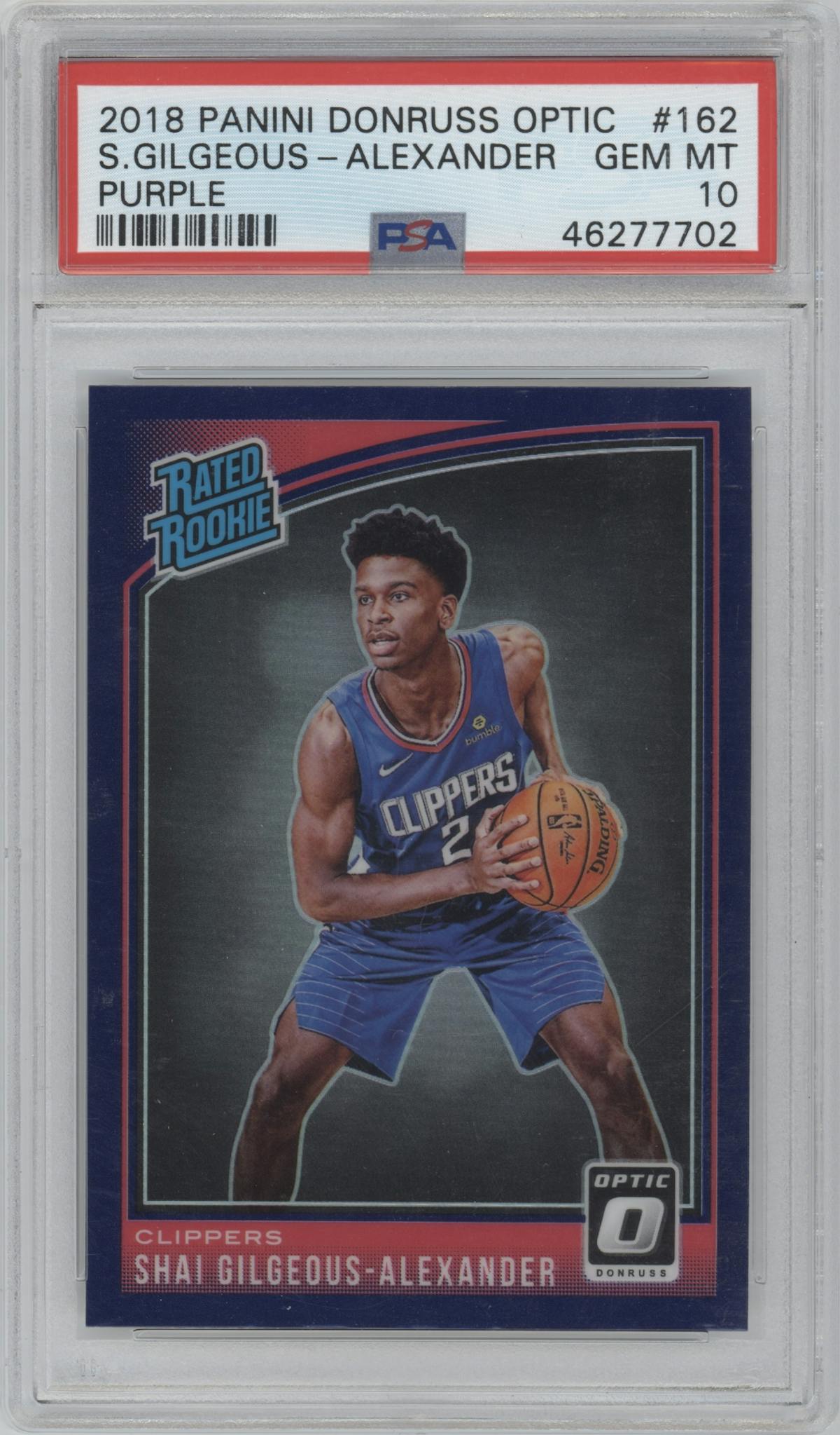 Shai Gilgeous-Alexander from the 2018-19 Panini Donruss Optic set featuring a Purple parallel graded by PSA and given an overall grade of 10.
