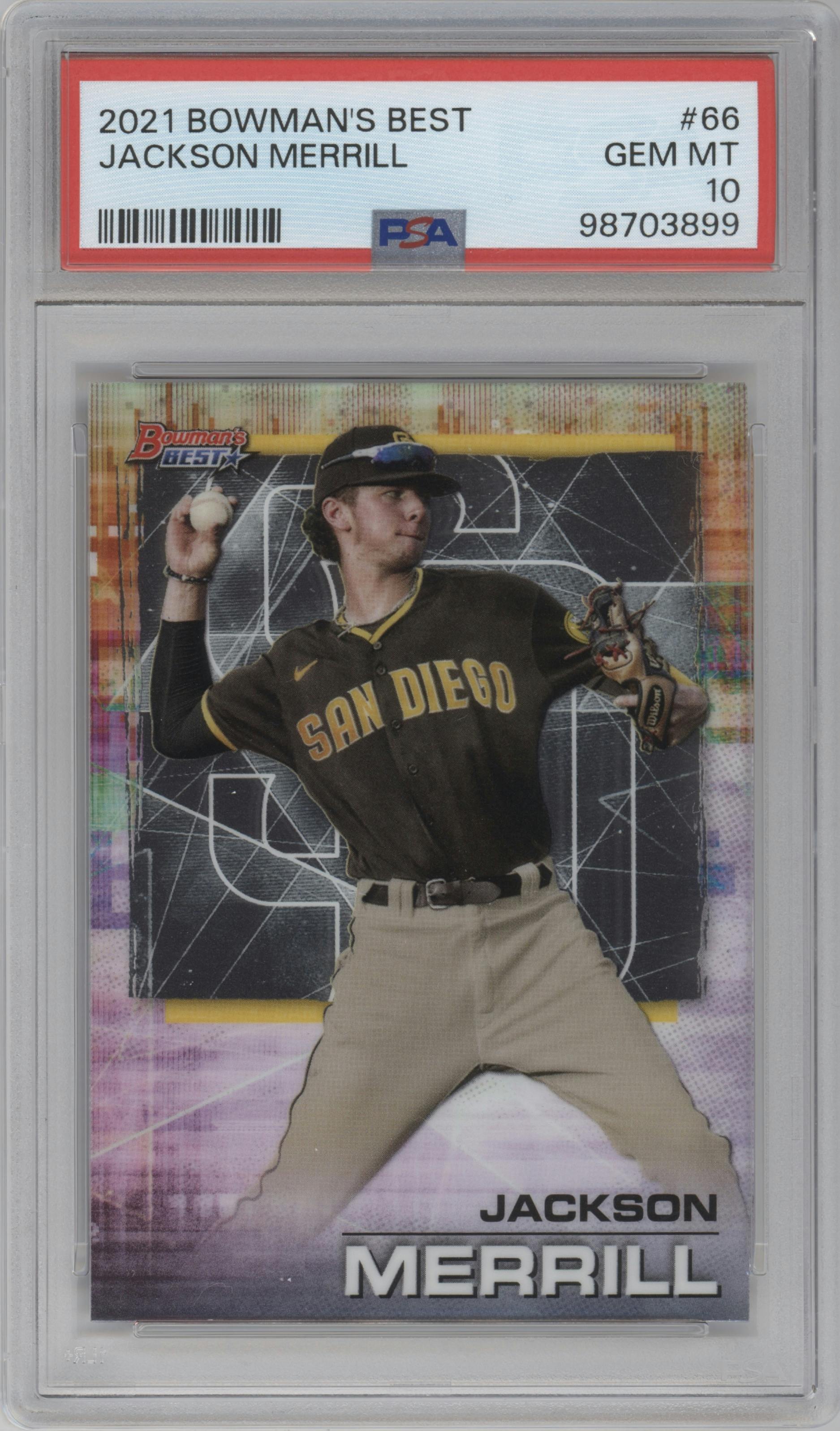 Jackson Merrill from the 2021 Bowman’s Best set graded by PSA and given an overall grade of 10.