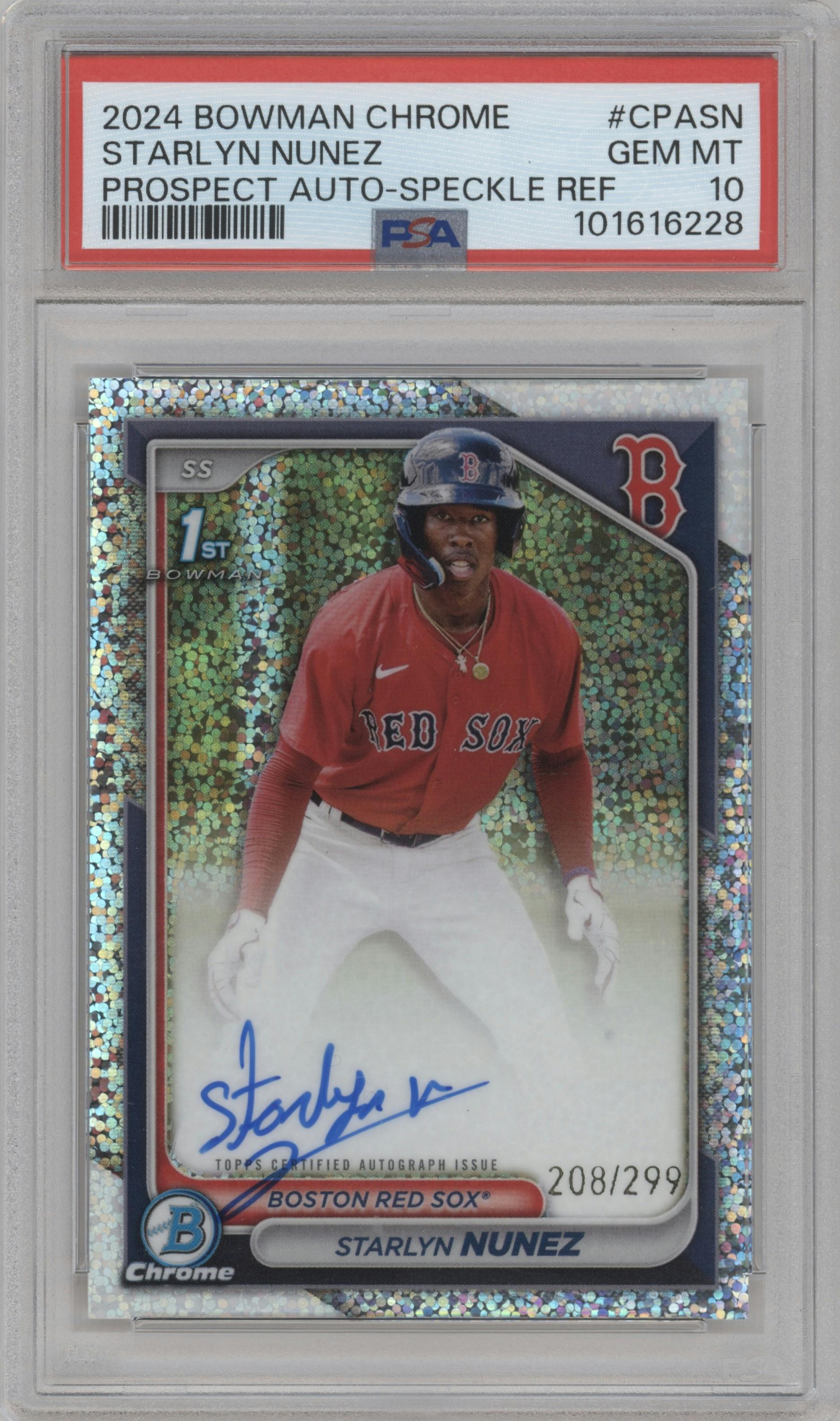 Starlyn Nunez from the 2024 Bowman Chrome set featuring a Speckle Refractor parallel graded by PSA and given an overall grade of 10.