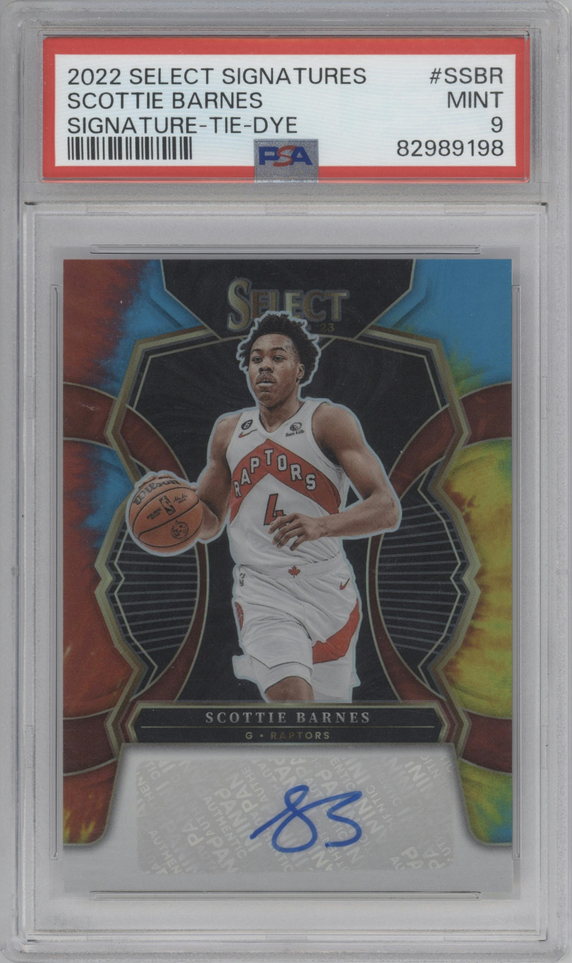 Scottie Barnes from the 2022-23 Panini Select set featuring a Tie-Dye parallel graded by PSA and given an overall grade of 9.