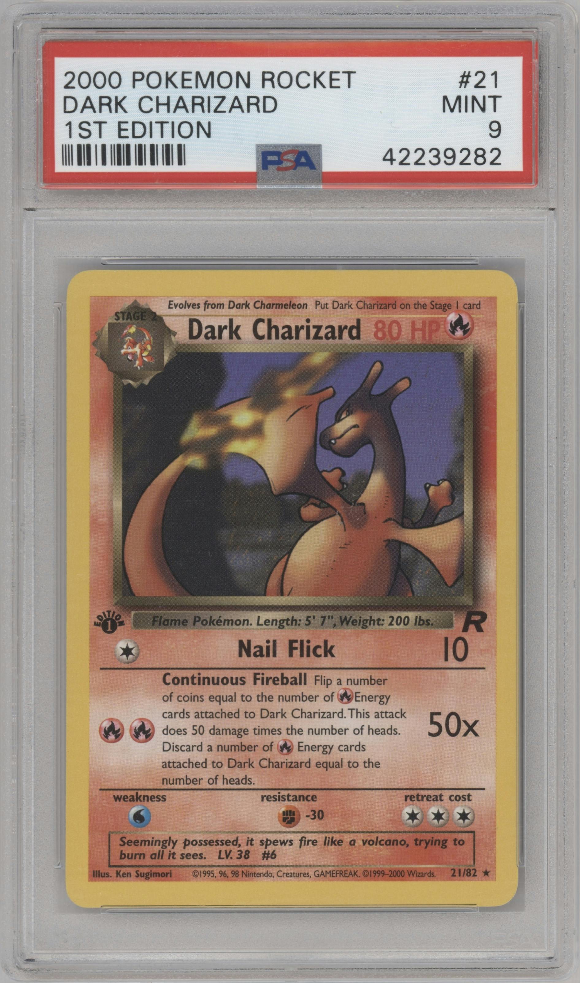 Dark Charizard from the 2000 Pokemon set graded by PSA and given an overall grade of 9.