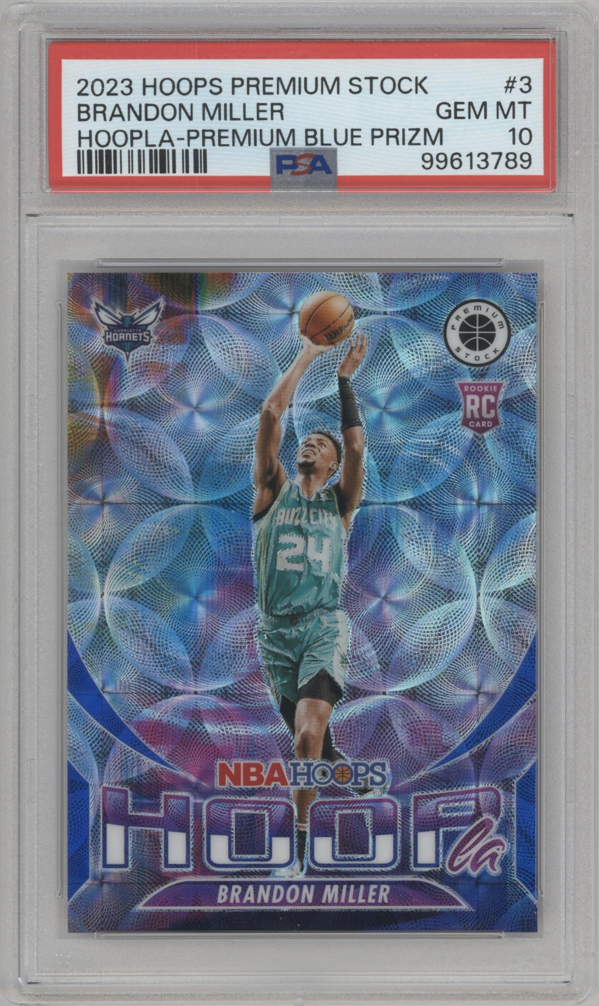 Brandon Miller from the 2023-24 Panini Hoops Premium Stock set featuring a Premium Blue Prizm parallel graded by PSA and given an overall grade of 10.