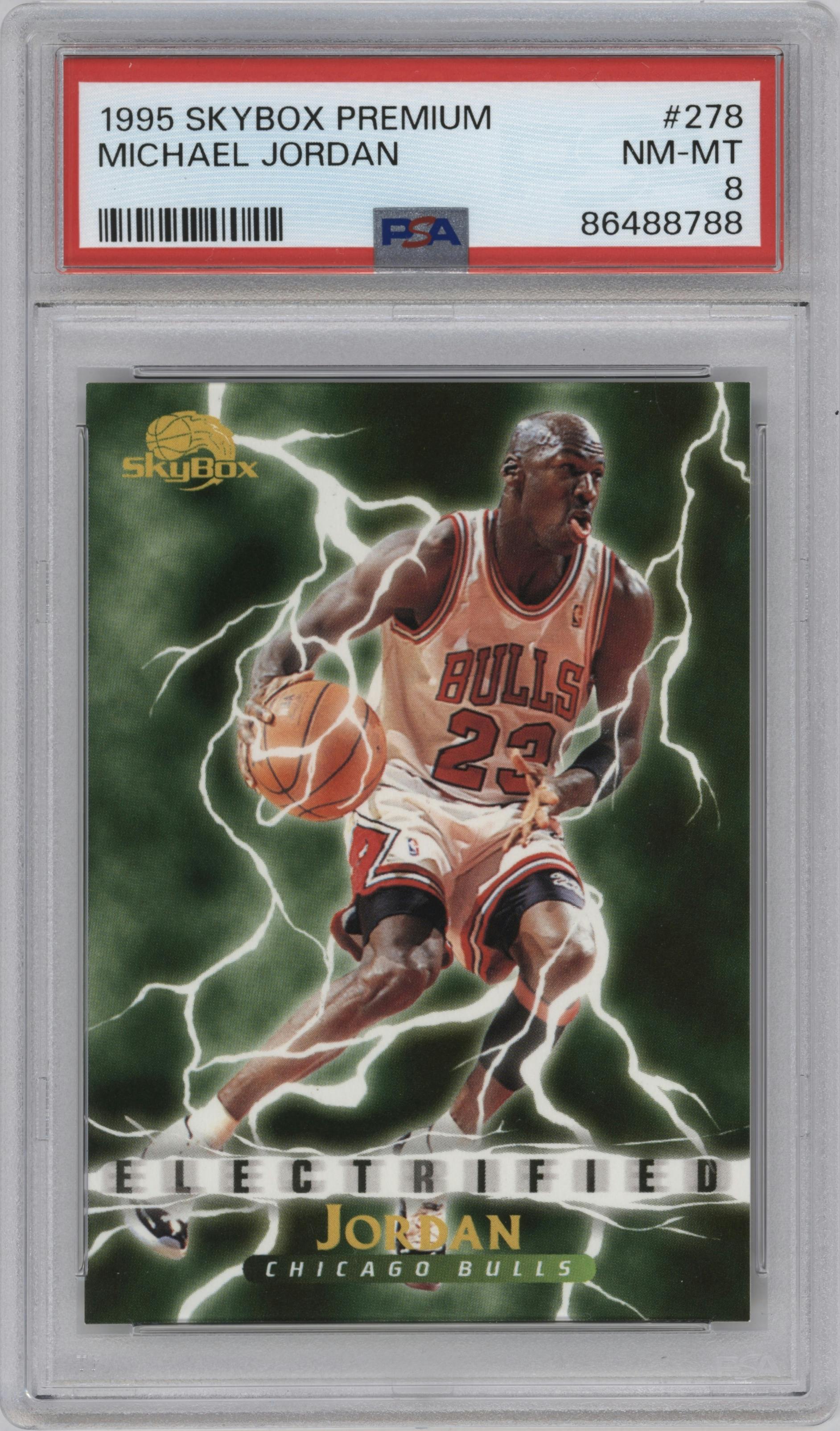 Michael Jordan from the 1995-96 Skybox Premium set graded by PSA and given an overall grade of 8.