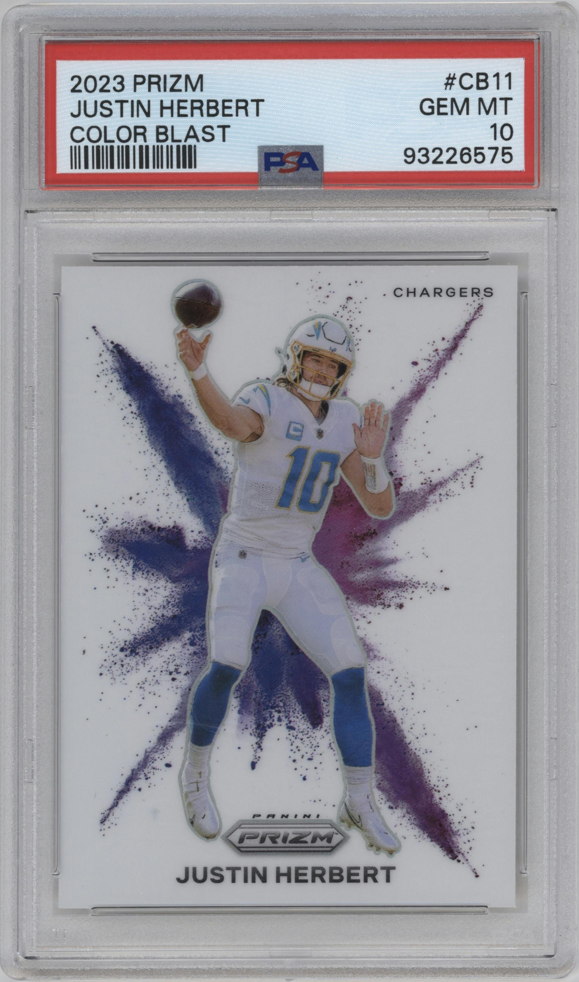 Justin Herbert from the 2023 Panini Prizm set graded by PSA and given an overall grade of 10.