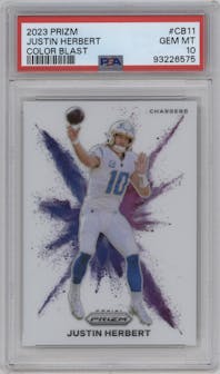 Justin Herbert from the 2023 Panini Prizm set graded by PSA and given an overall grade of 10.