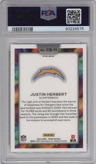 Justin Herbert from the 2023 Panini Prizm set graded by PSA and given an overall grade of 10.