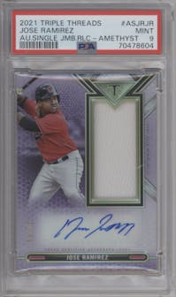Jose Ramirez from the 2021 Topps Triple Threads set featuring a Amethyst parallel graded by PSA and given an overall grade of 9.