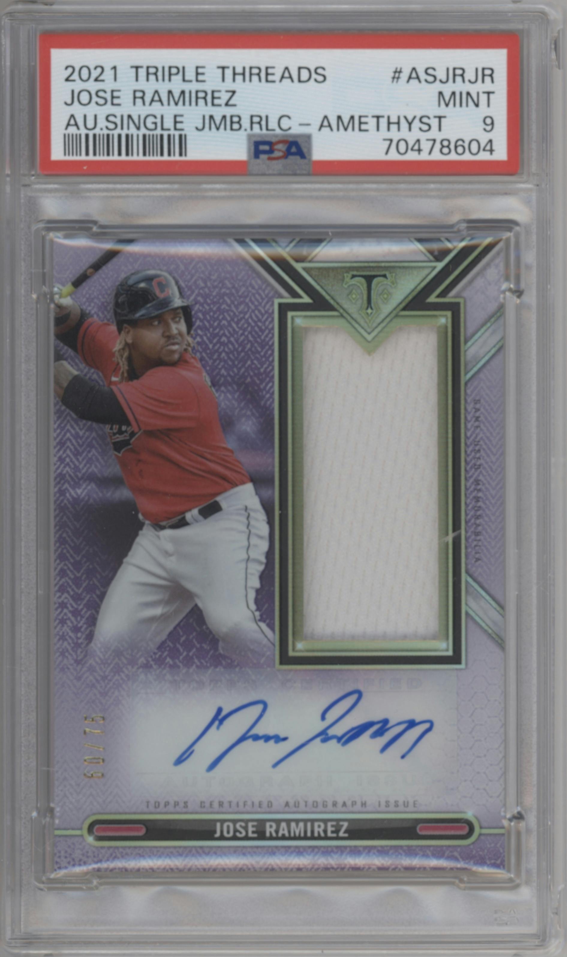 Jose Ramirez from the 2021 Topps Triple Threads set featuring a Amethyst parallel graded by PSA and given an overall grade of 9.