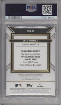 Jose Ramirez from the 2021 Topps Triple Threads set featuring a Amethyst parallel graded by PSA and given an overall grade of 9.