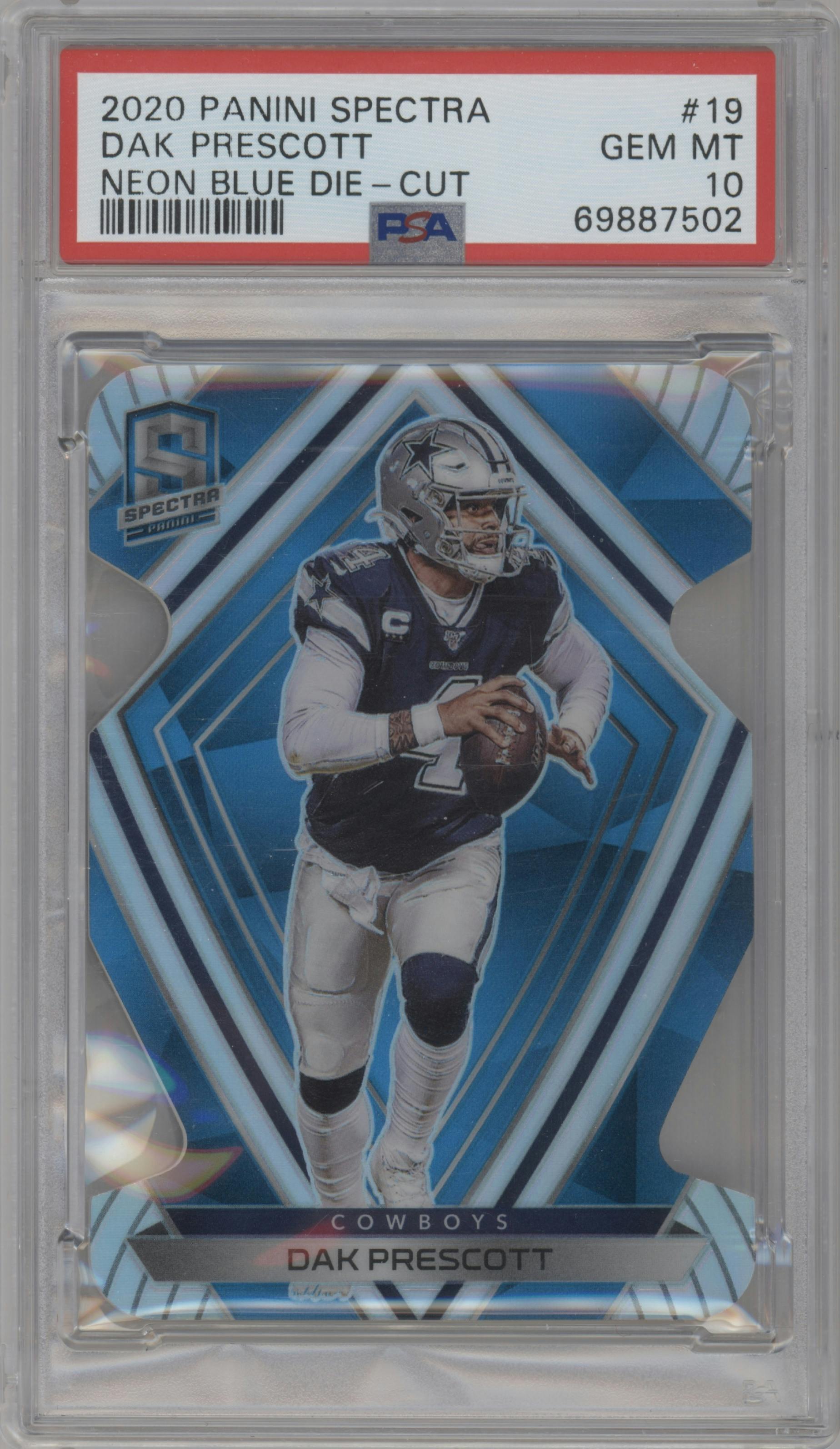 Dak Prescott from the 2020 Panini Spectra set featuring a Die-Cut Neon Blue  parallel graded by PSA and given an overall grade of 10.