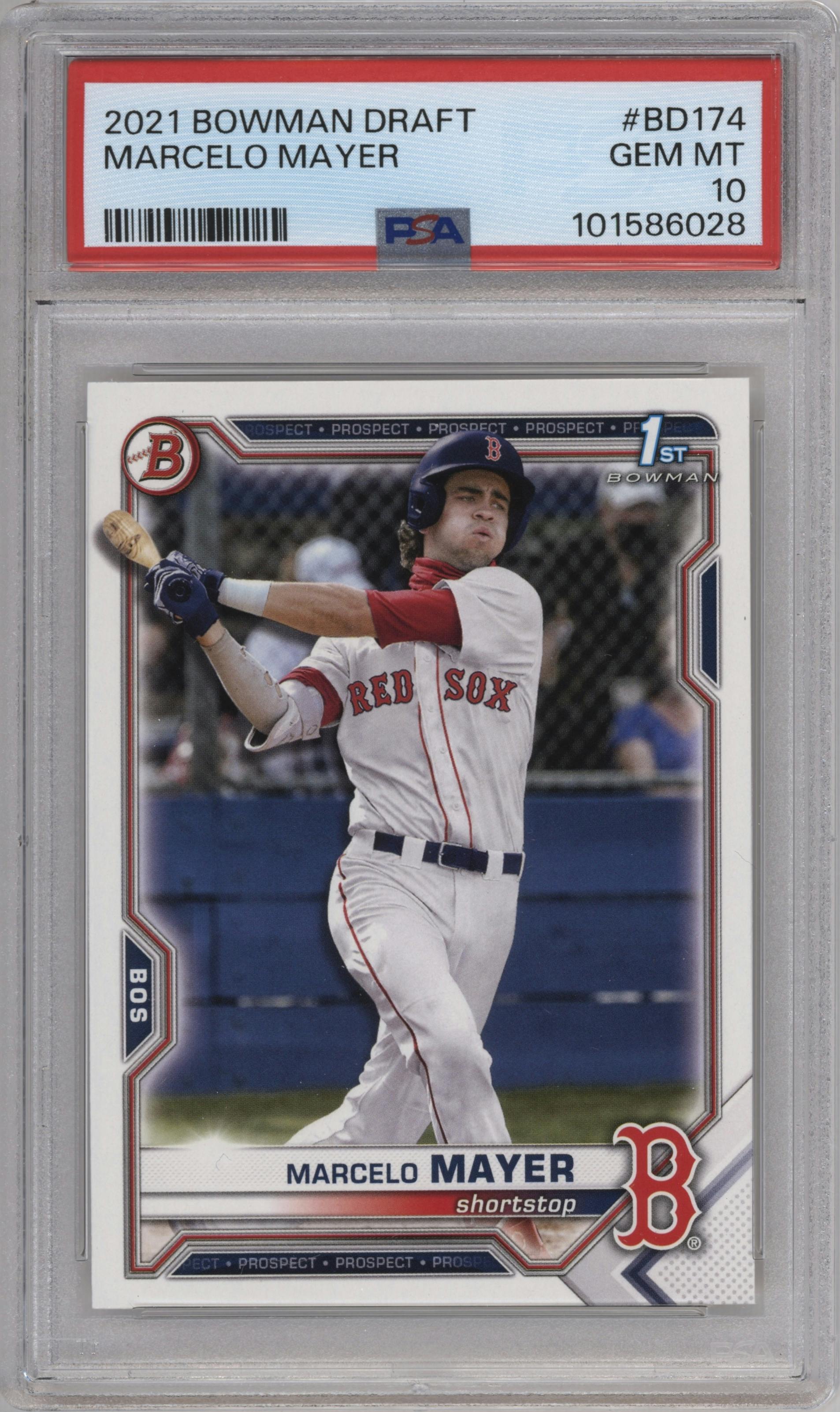 Marcelo Mayer from the 2021 Bowman Draft set graded by PSA and given an overall grade of 10.