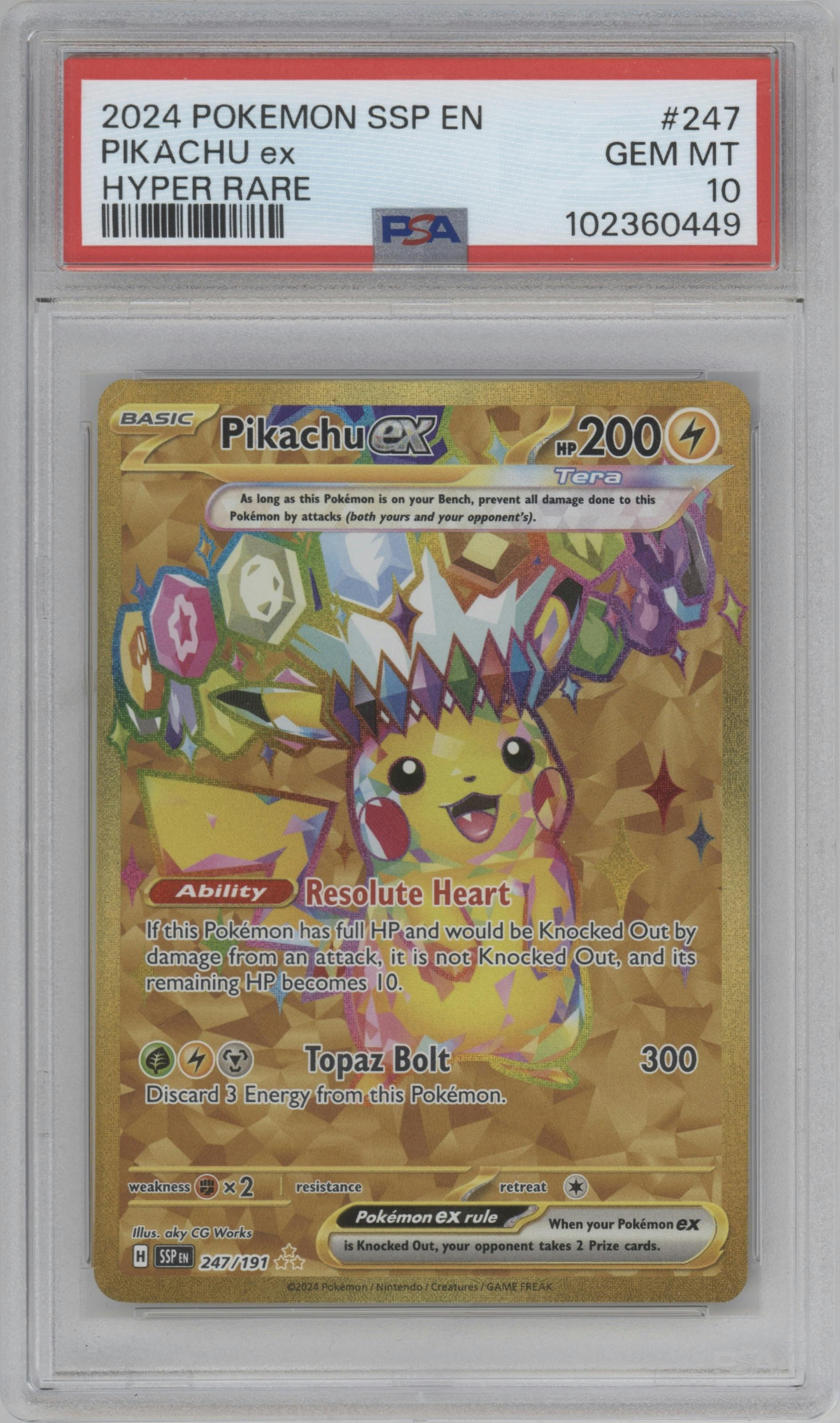 Pikachu ex from the 2024 Pokemon SV set graded by PSA and given an overall grade of 10.