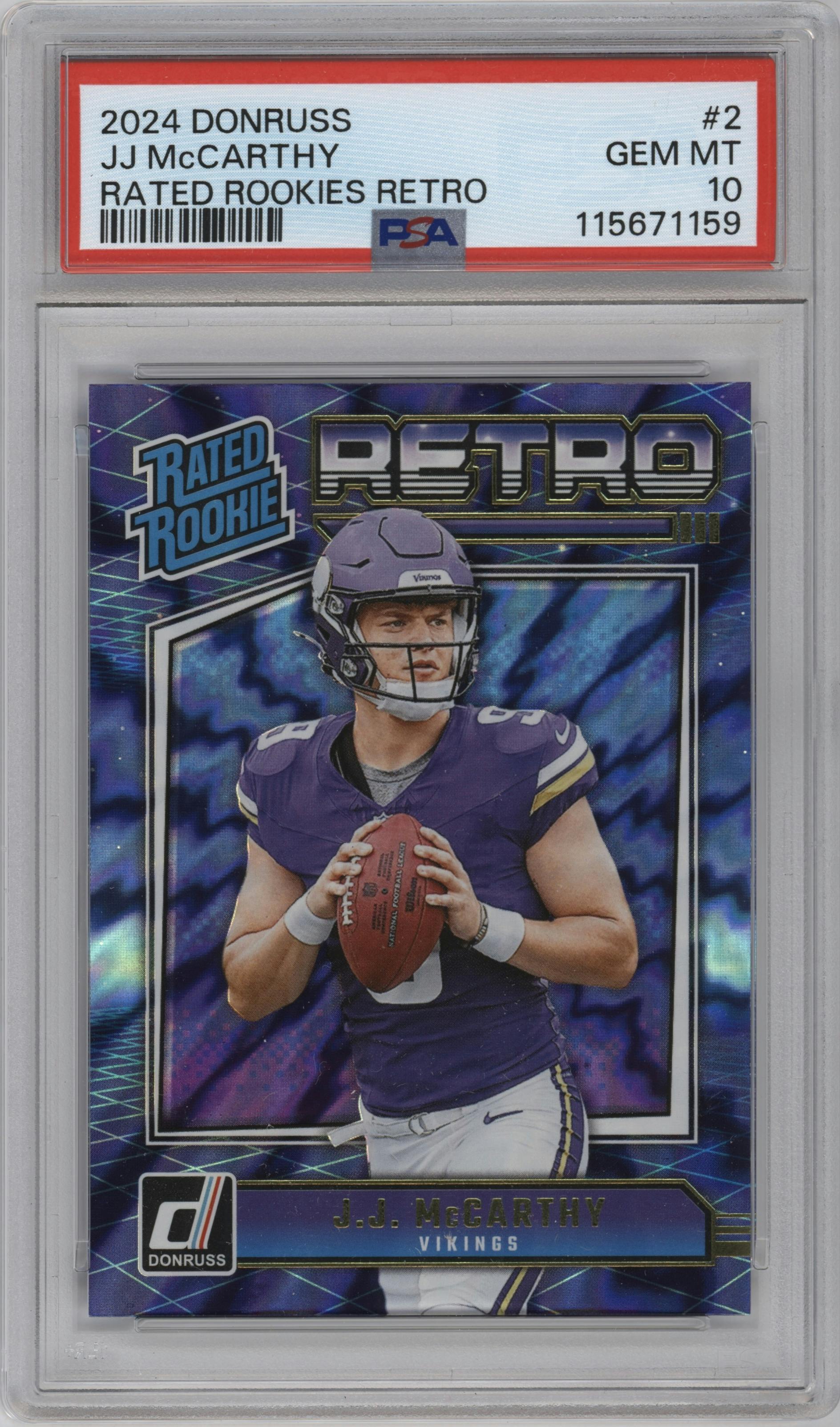 J.J. McCarthy from the 2024 Donruss set graded by PSA and given an overall grade of 10.