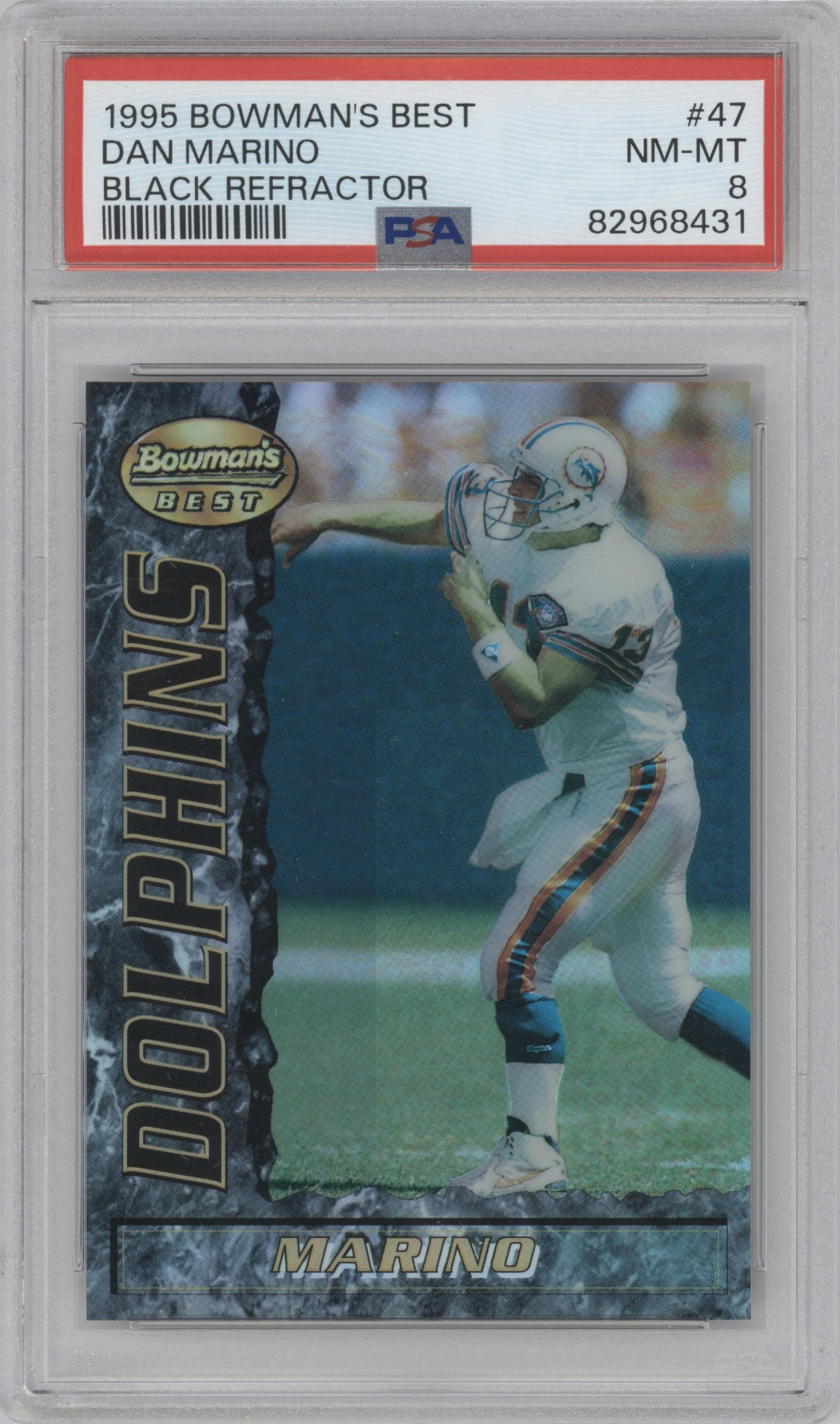 Dan Marino  from the 1995 Bowman's Best set featuring a Black Refractor parallel graded by PSA and given an overall grade of 8.