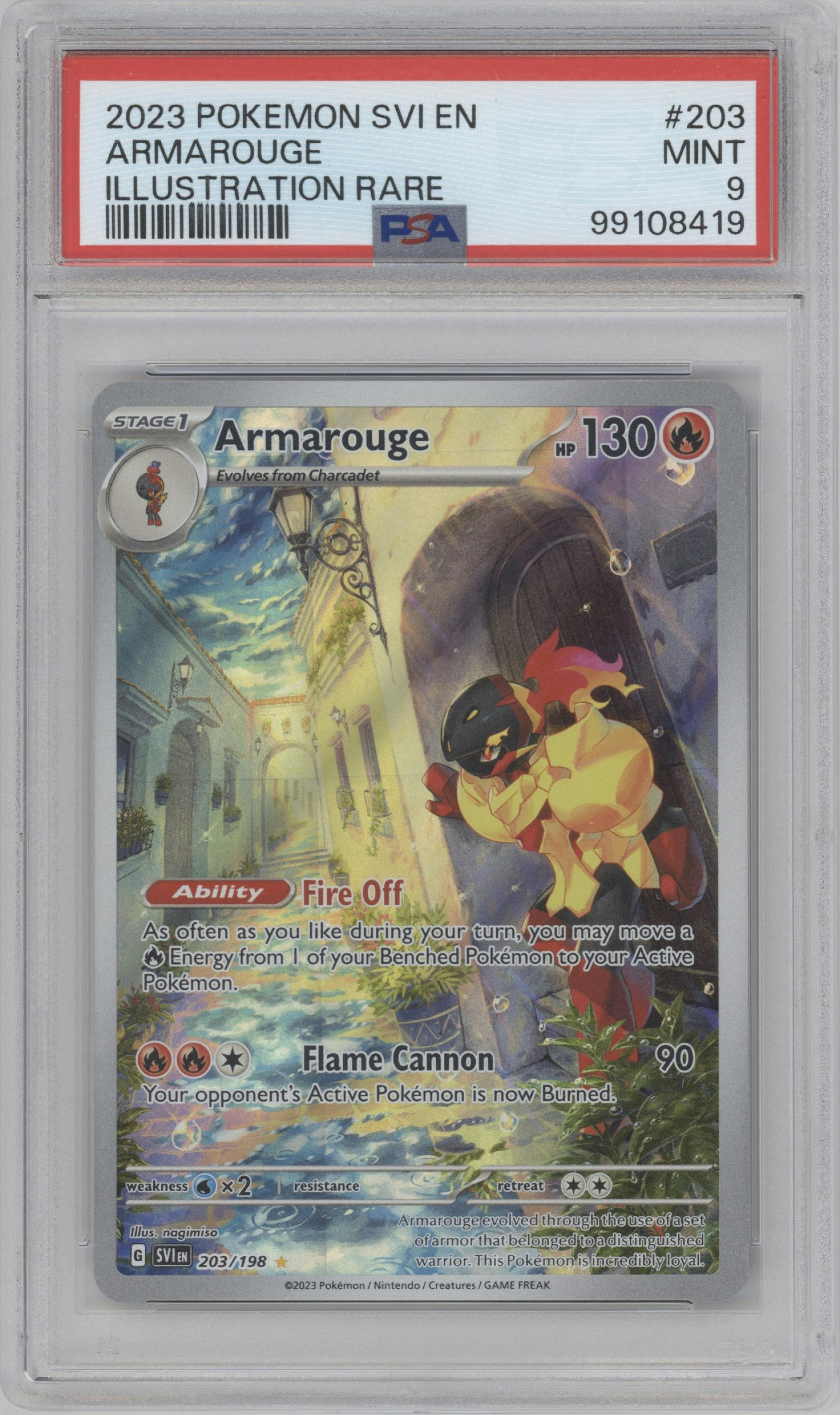 Armarouge from the 2023 Pokemon SV set graded by PSA and given an overall grade of 9.