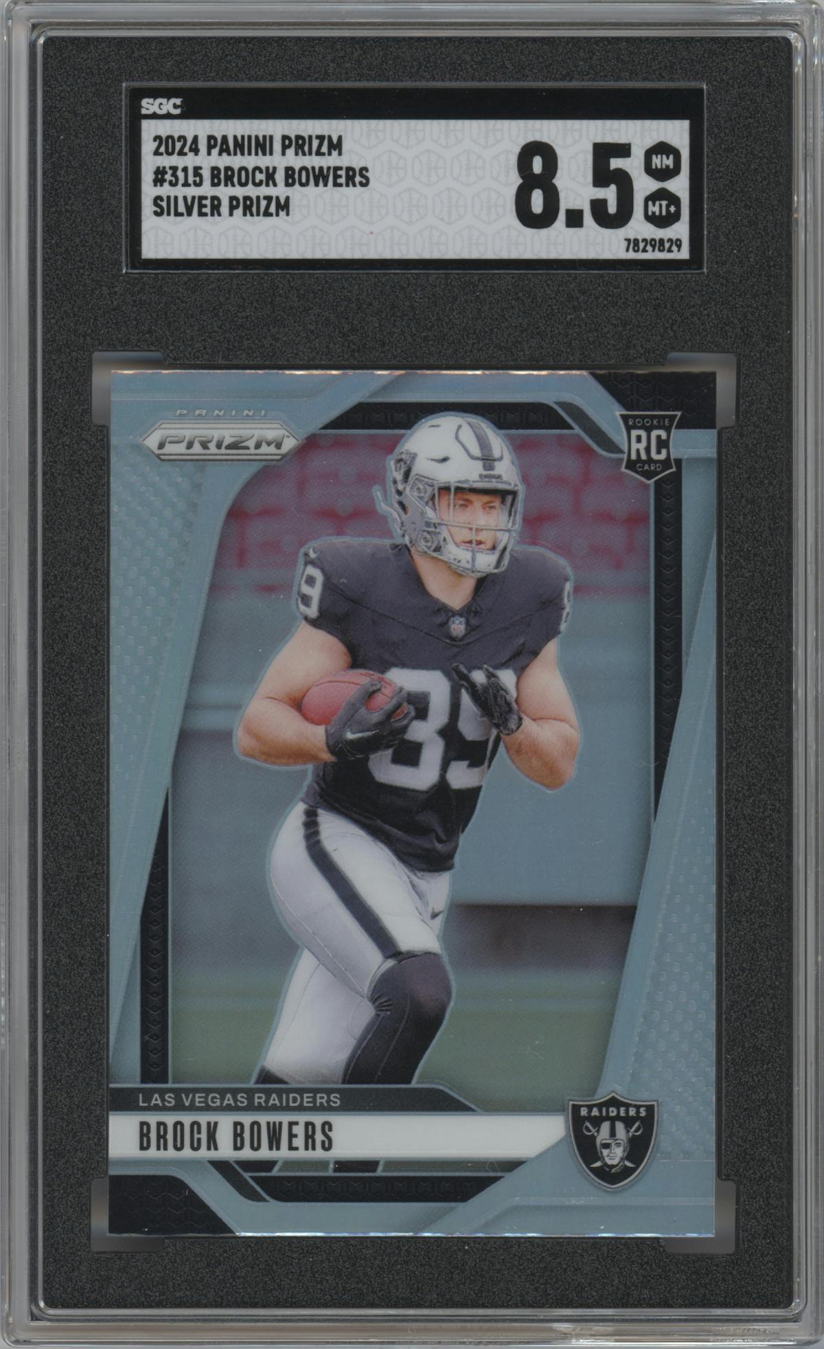 Brock Bowers from the 2024 Panini Prizm set featuring a Silver Prizm parallel graded by SGC and given an overall grade of 8.5.