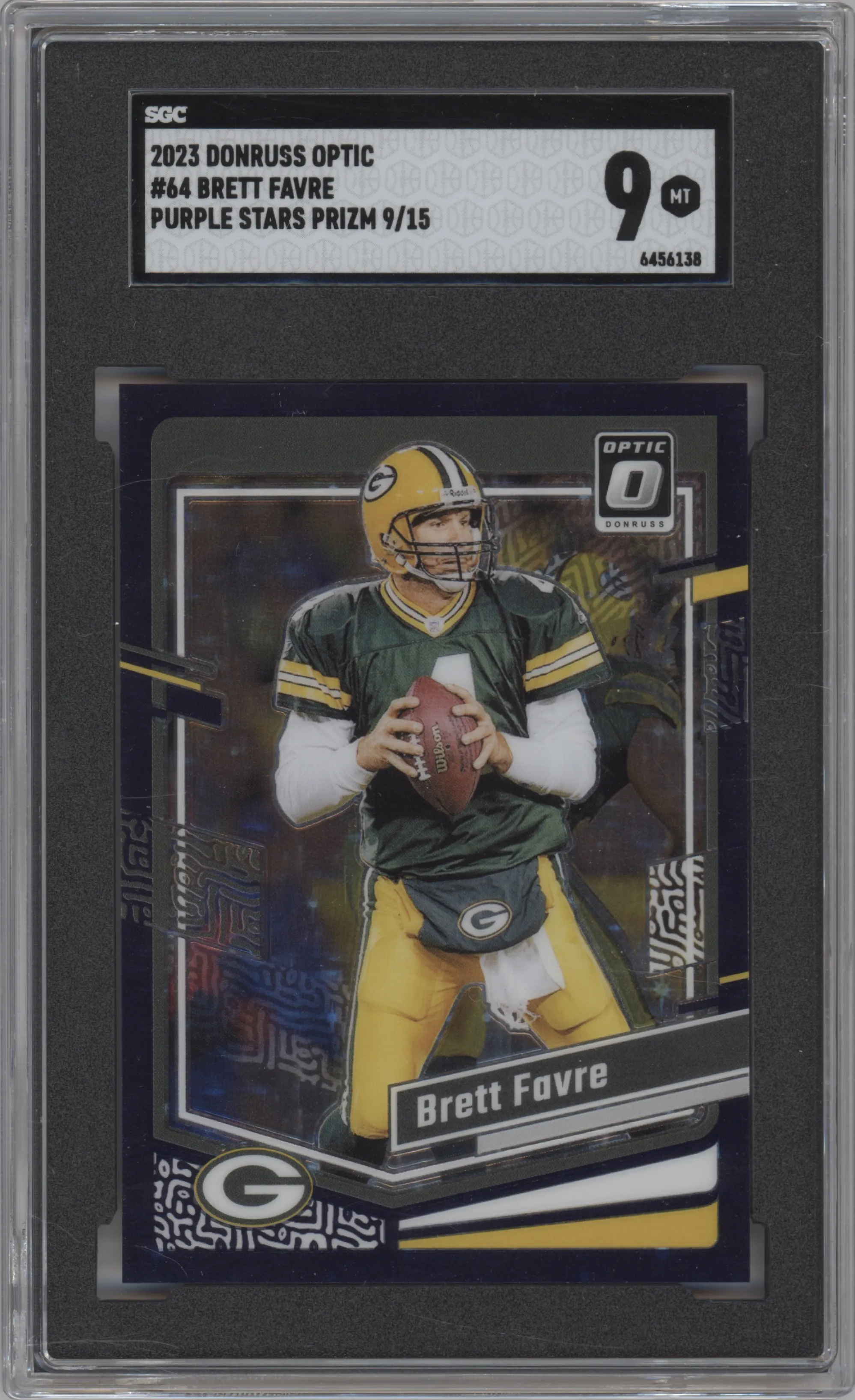 Brett Favre  from the 2023 Donruss Optic set featuring a Purple Stars parallel graded by SGC and given an overall grade of 9.