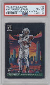 Marvin Harrison Jr. from the 2024 Donruss Optic set featuring a Black Pandora parallel graded by PSA and given an overall grade of 10.