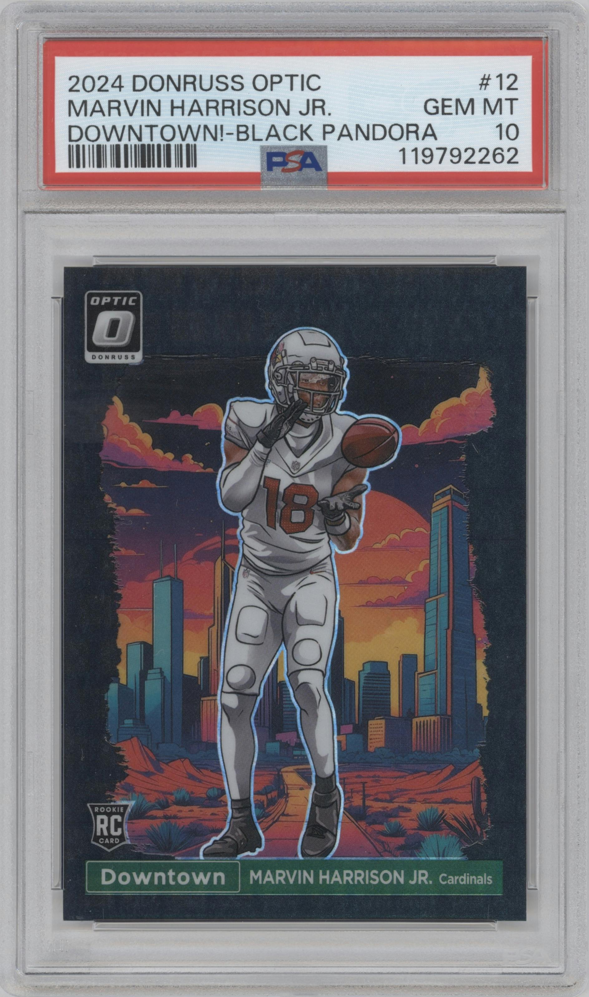 Marvin Harrison Jr. from the 2024 Donruss Optic set featuring a Black Pandora parallel graded by PSA and given an overall grade of 10.