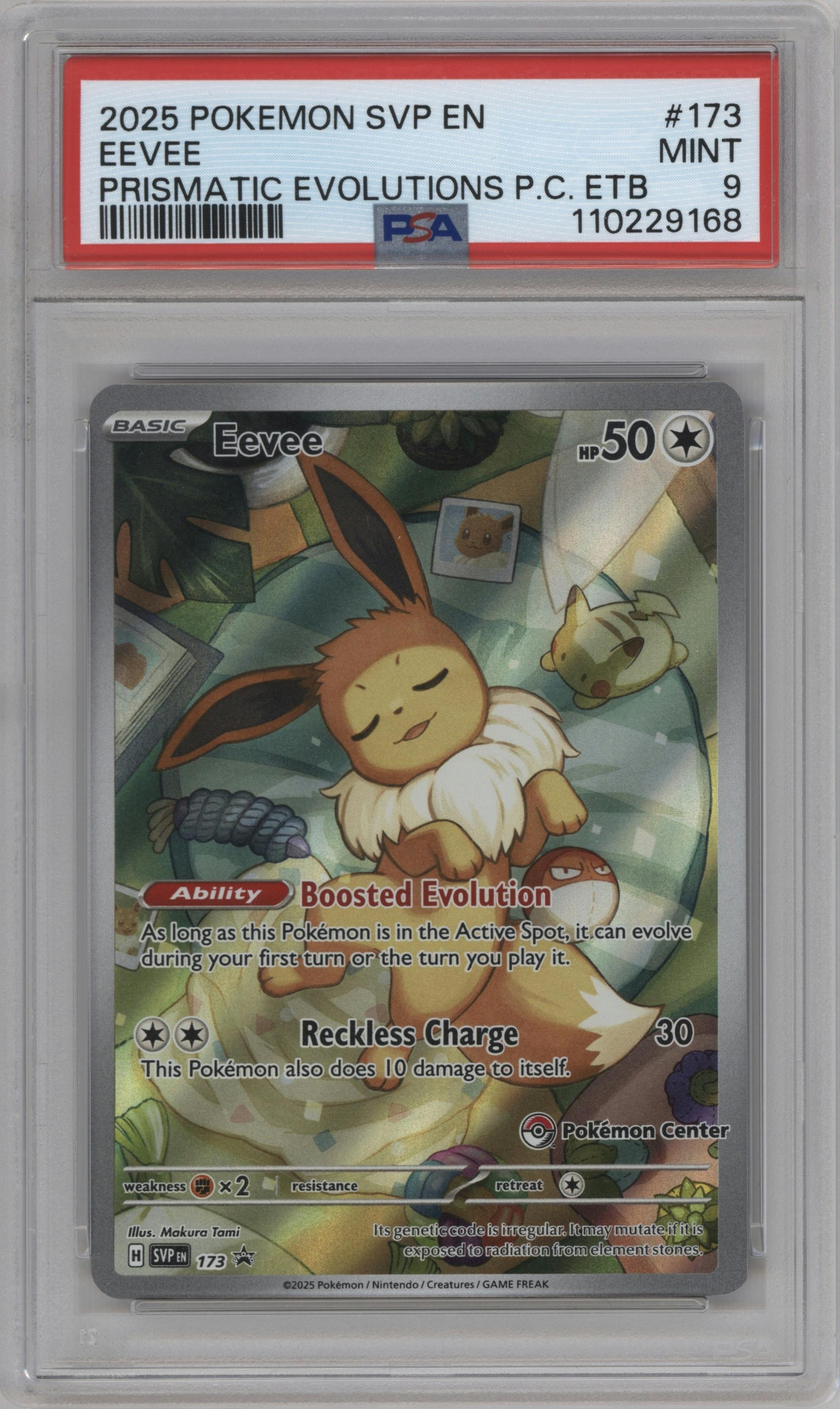 Eevee from the 2025 Pokemon SV set featuring a Prismatic Evolutions Pokemon Center Elite Trainer Box parallel graded by PSA and given an overall grade of 9.
