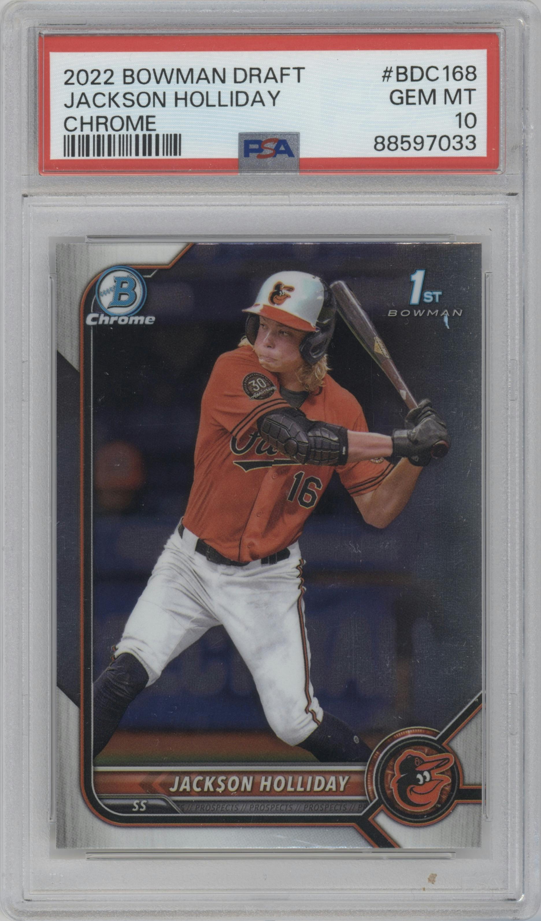 Jackson Holliday from the 2022 Bowman Draft set graded by PSA and given an overall grade of 10.