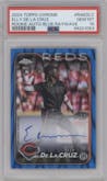 Elly De La Cruz from the 2024 Topps Chrome set featuring a Blue Ray Wave Refractor parallel graded by PSA and given an overall grade of 10.