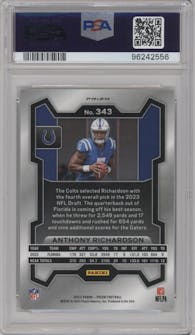 Anthony Richardson from the 2023 Panini Prizm set featuring a Silver Prizm parallel graded by PSA and given an overall grade of 10.