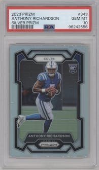 Anthony Richardson from the 2023 Panini Prizm set featuring a Silver Prizm parallel graded by PSA and given an overall grade of 10.
