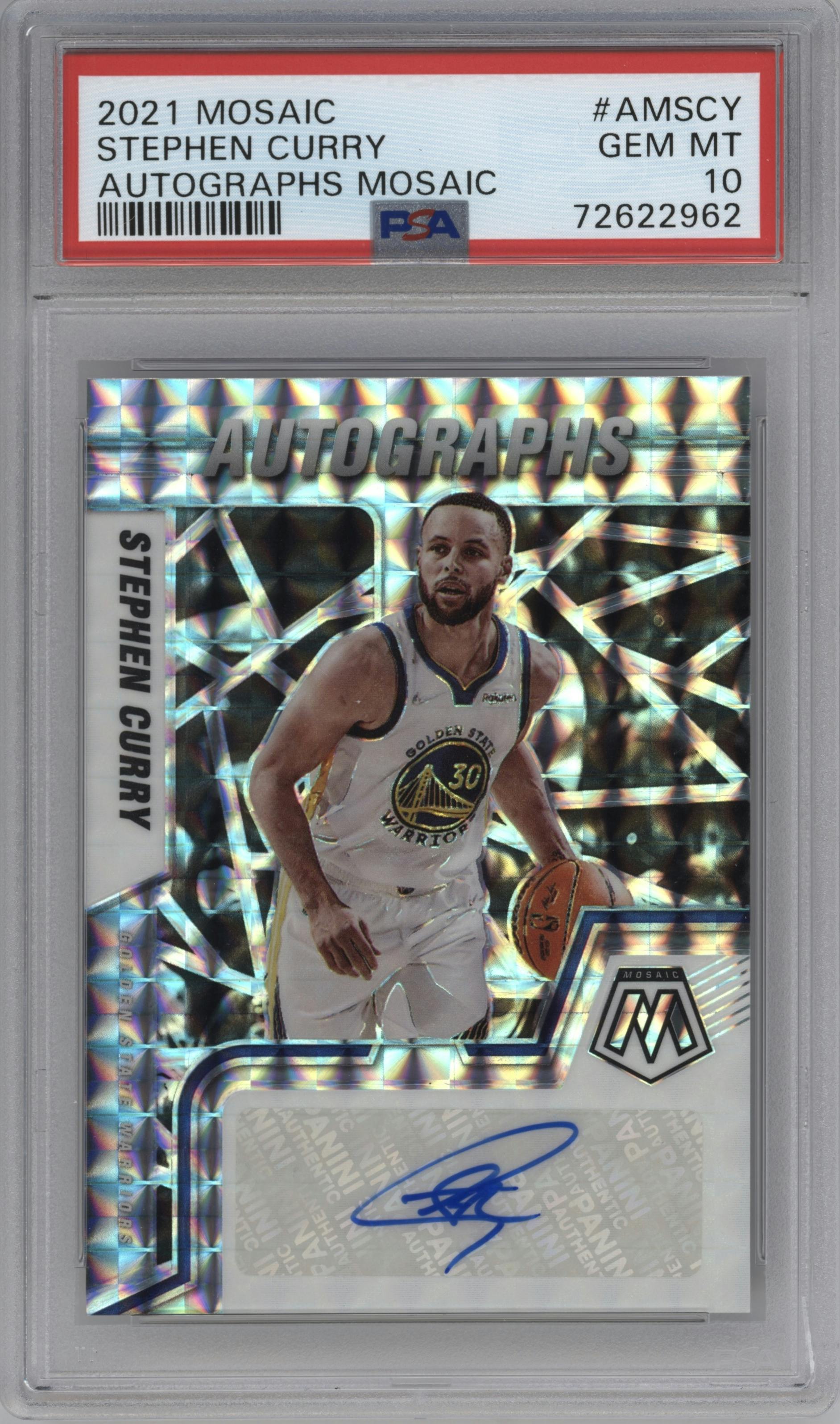Stephen Curry from the 2021-22 Panini Mosaic  set graded by PSA and given an overall grade of 10.