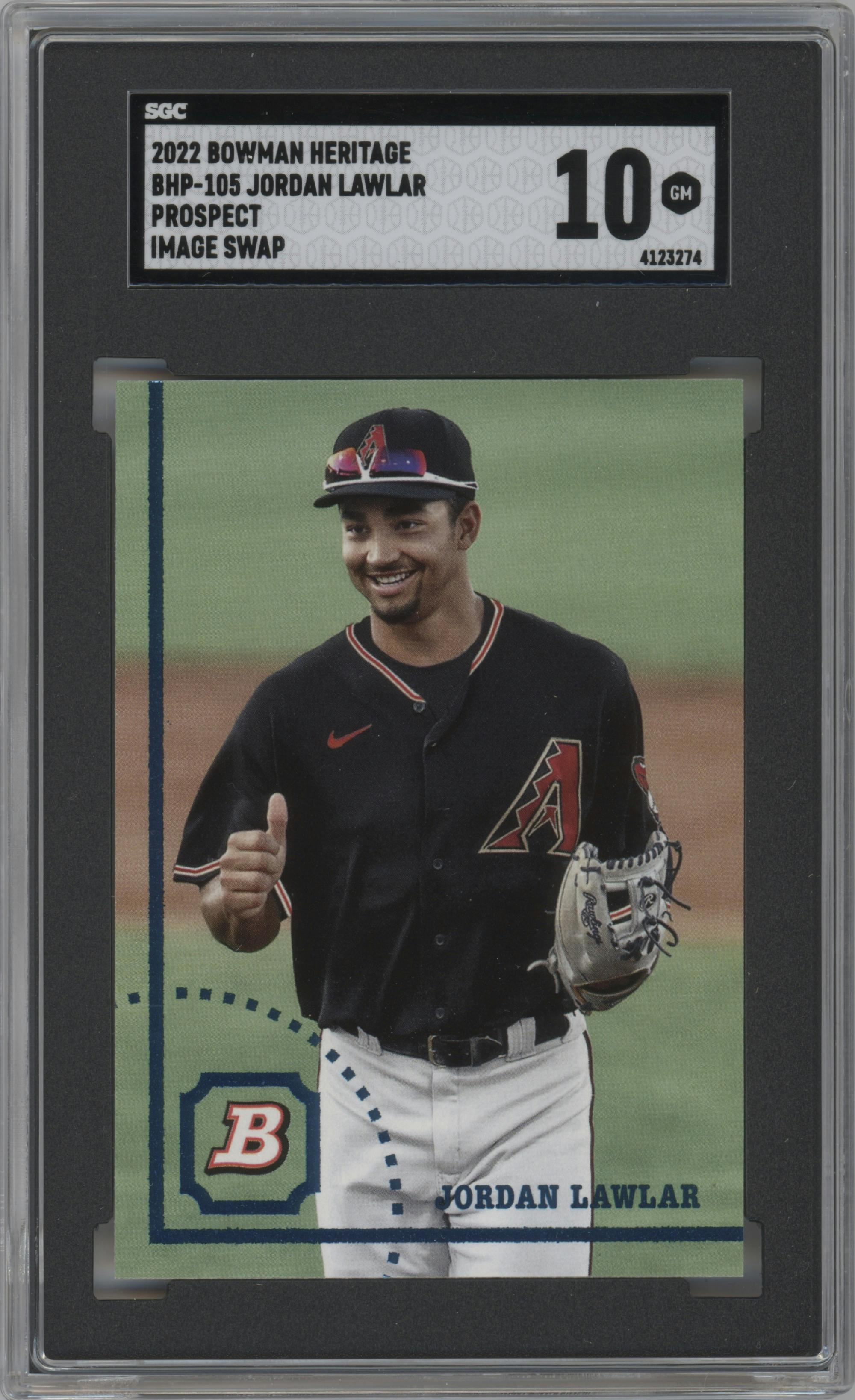 Jordan Lawlar from the 2022 Bowman Heritage set graded by SGC and given an overall grade of 10.