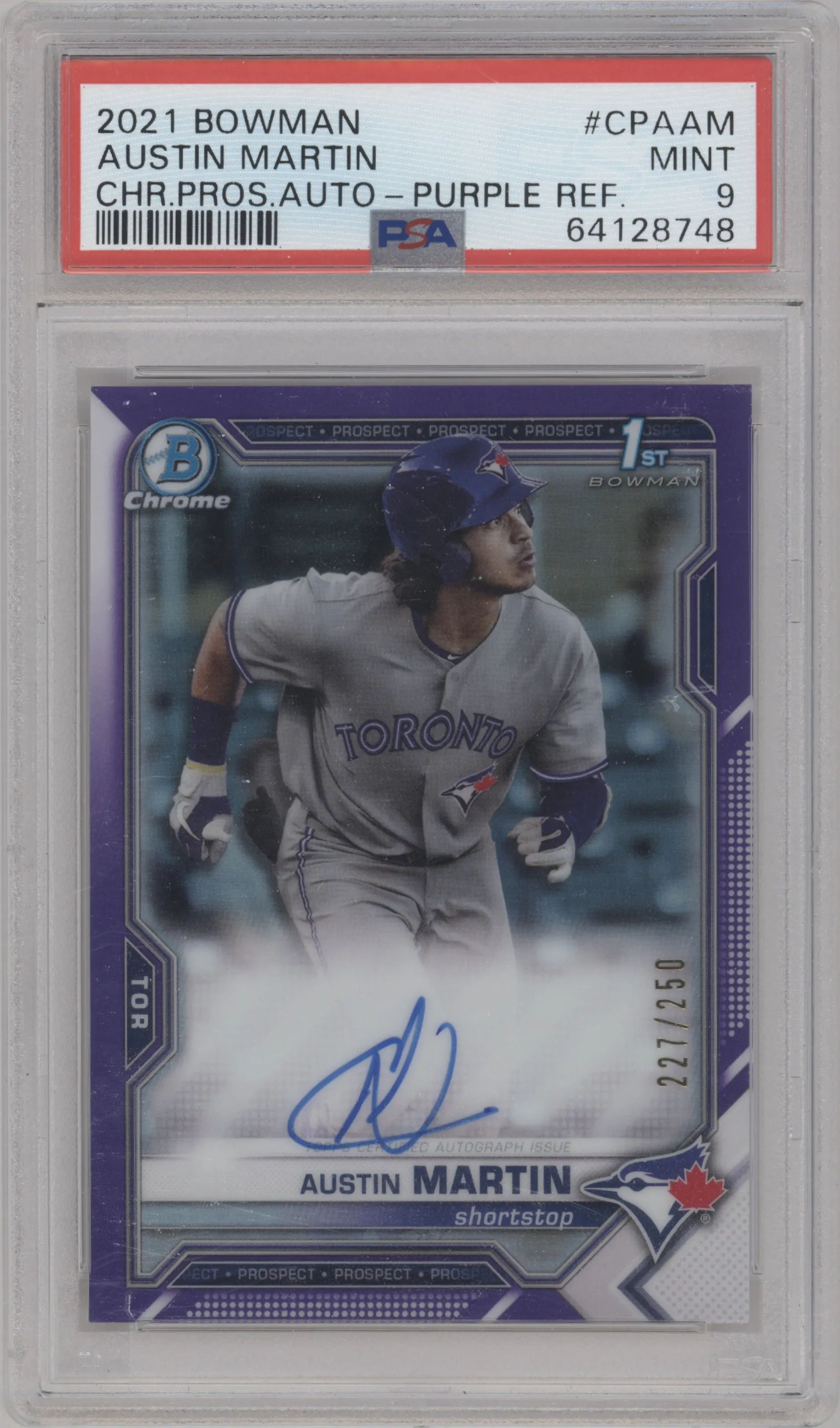 Austin Martin from the 2021 Bowman set featuring a Purple Refractor parallel graded by PSA and given an overall grade of 9.