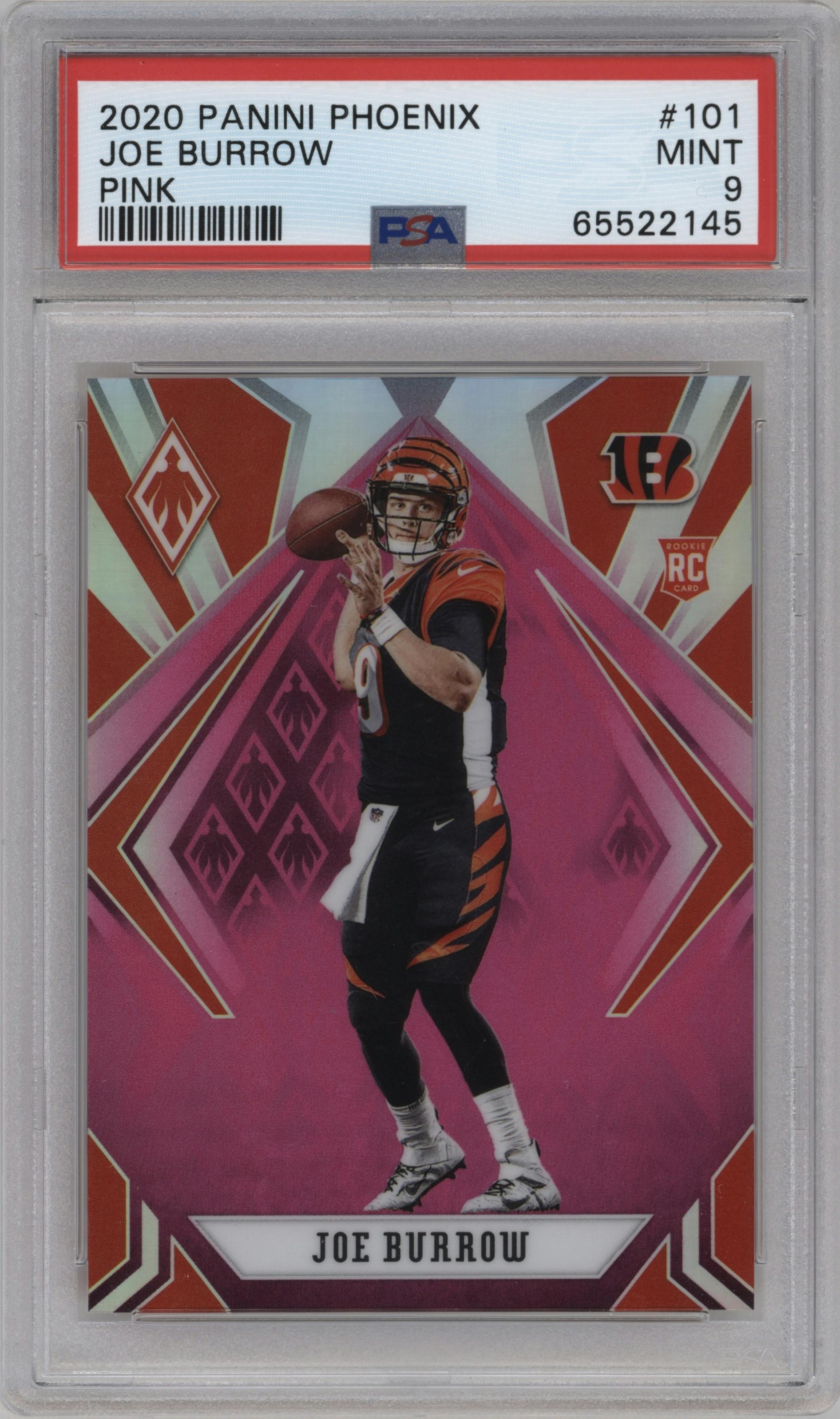 Joe Burrow from the 2020 Panini Phoenix set featuring a Pink parallel graded by PSA and given an overall grade of 9.