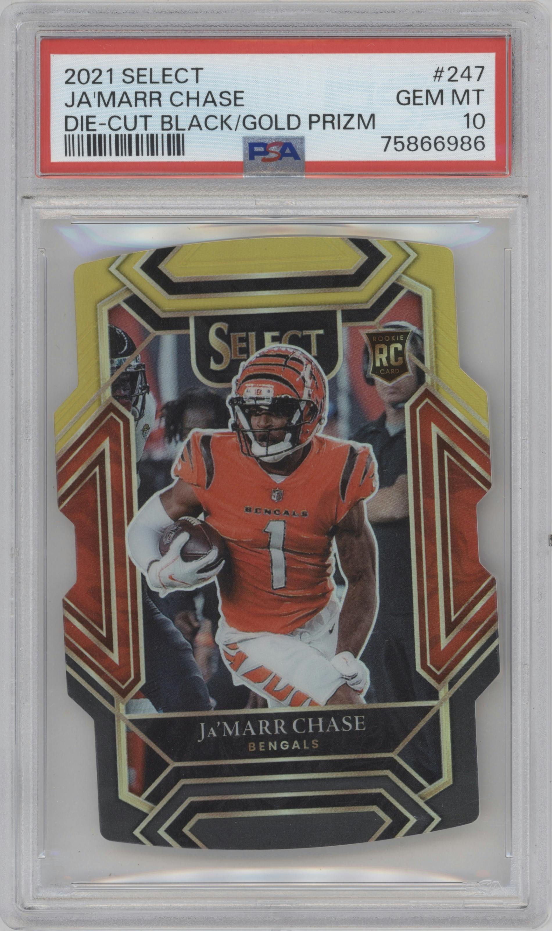 Ja'Marr Chase from the 2021 Panini Select set featuring a Die-Cut Black/Gold
 parallel graded by PSA and given an overall grade of 10.