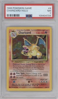 Charizard from the 1999 Pokemon set graded by PSA and given an overall grade of 7.