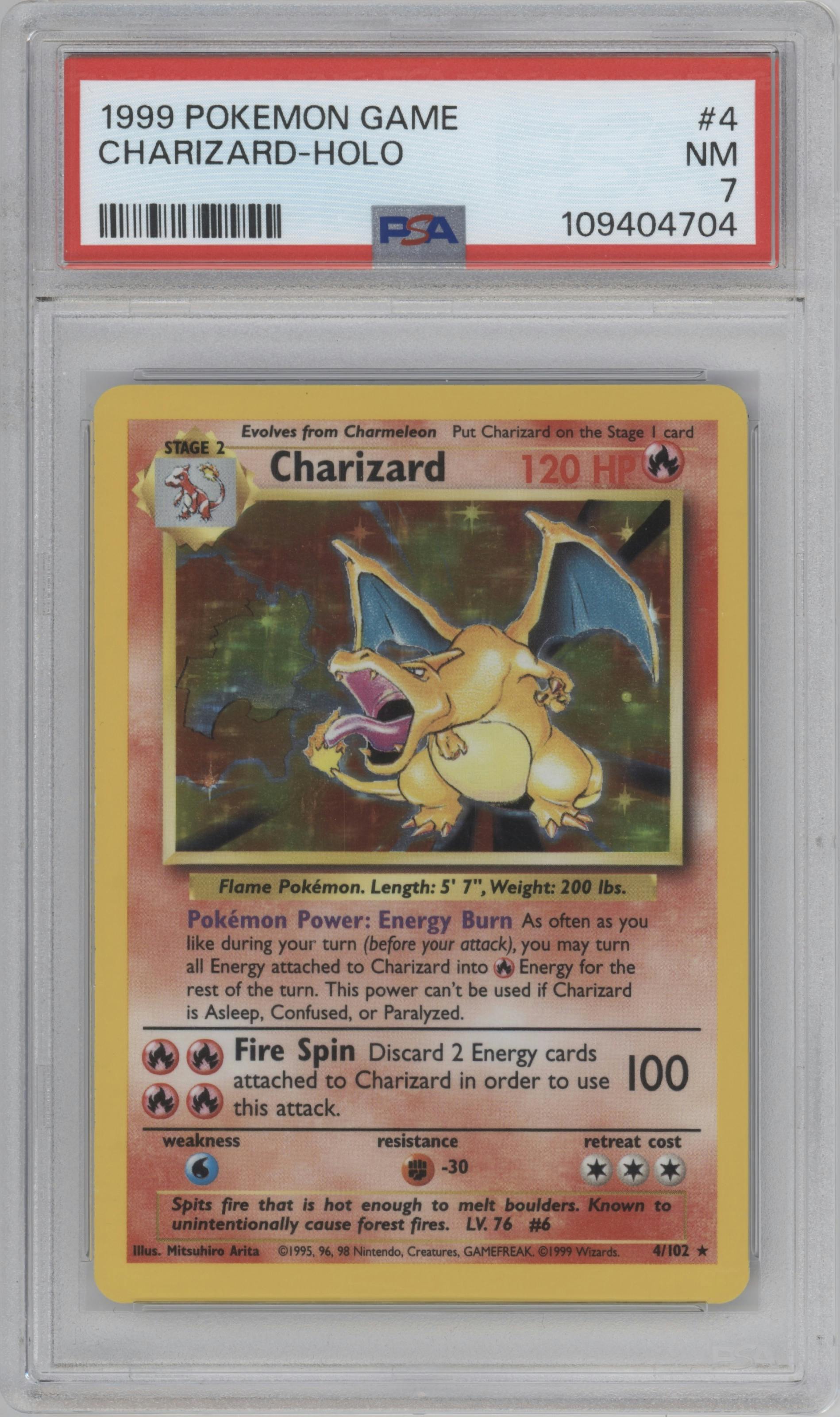 Charizard from the 1999 Pokemon set graded by PSA and given an overall grade of 7.