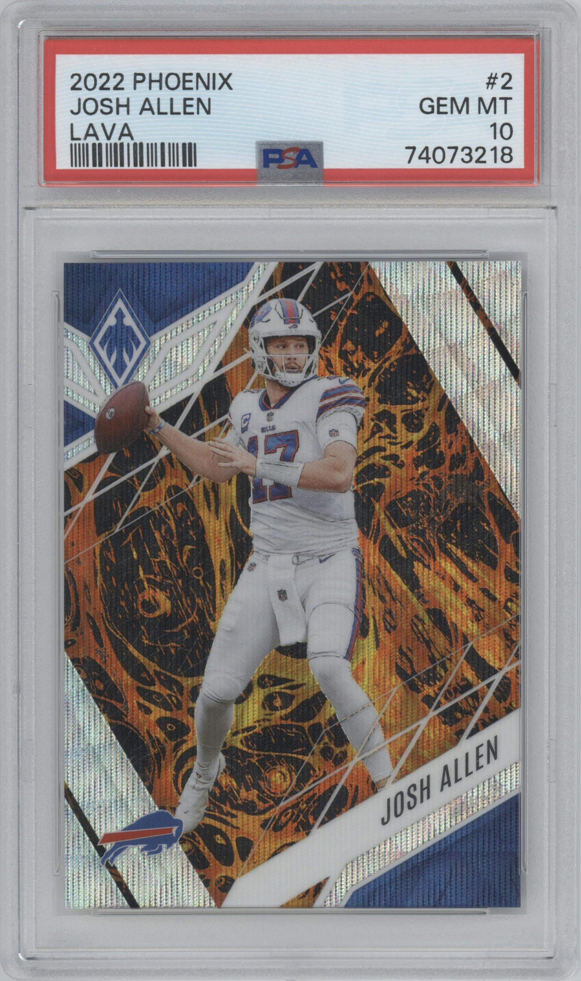 Josh Allen from the 2022 Panini Phoenix set featuring a Lava parallel graded by PSA and given an overall grade of 10.