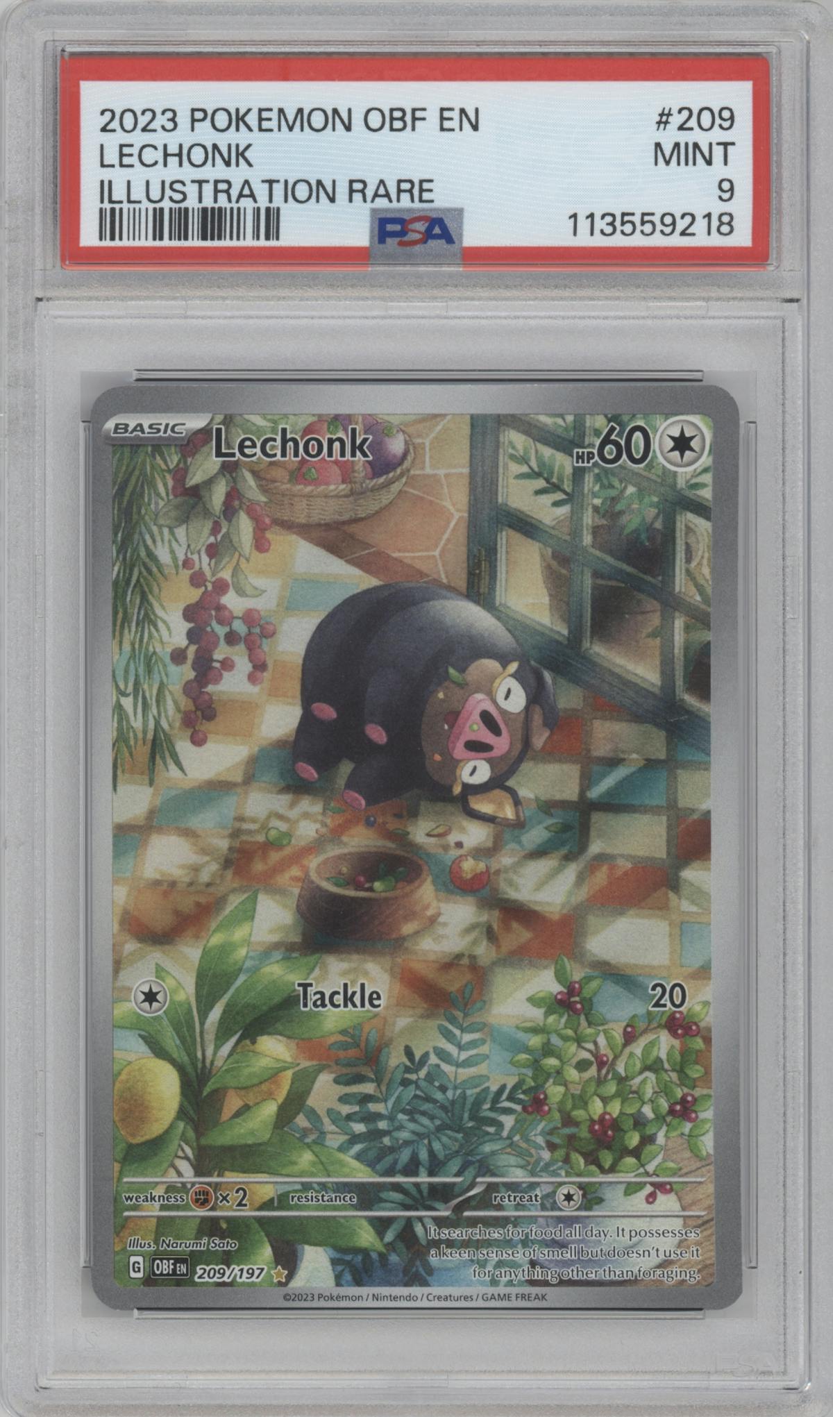 Lechonk from the 2023 Pokemon SV set graded by PSA and given an overall grade of 9.