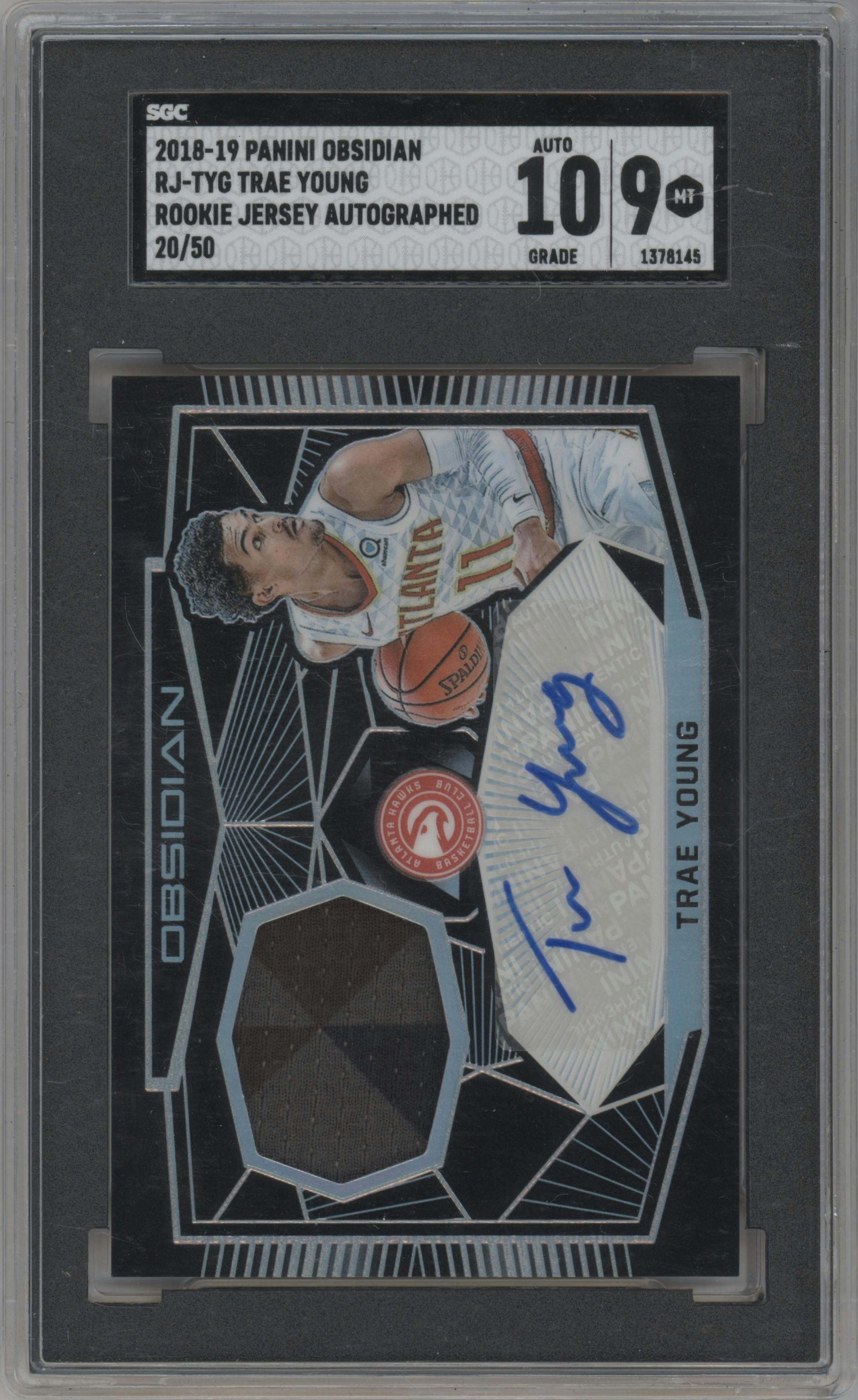 Trae Young from the 2018-19 Panini Obsidian set graded by SGC and given an overall grade of 9.